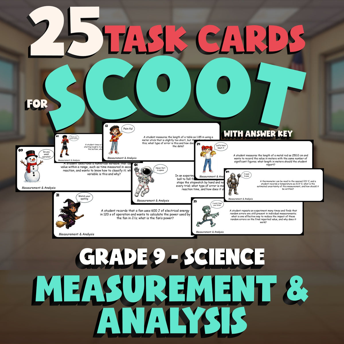 Measurement & Analysis SCOOT TASK CARDS Science Game - No Prep Grade 9 Review