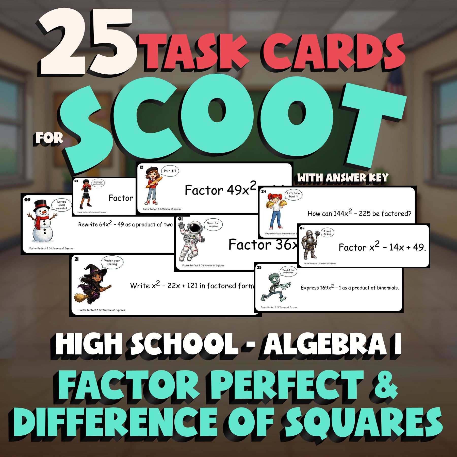 Factor Perfect & Difference of Squares SCOOT TASK CARDS Math Game - Algebra 1