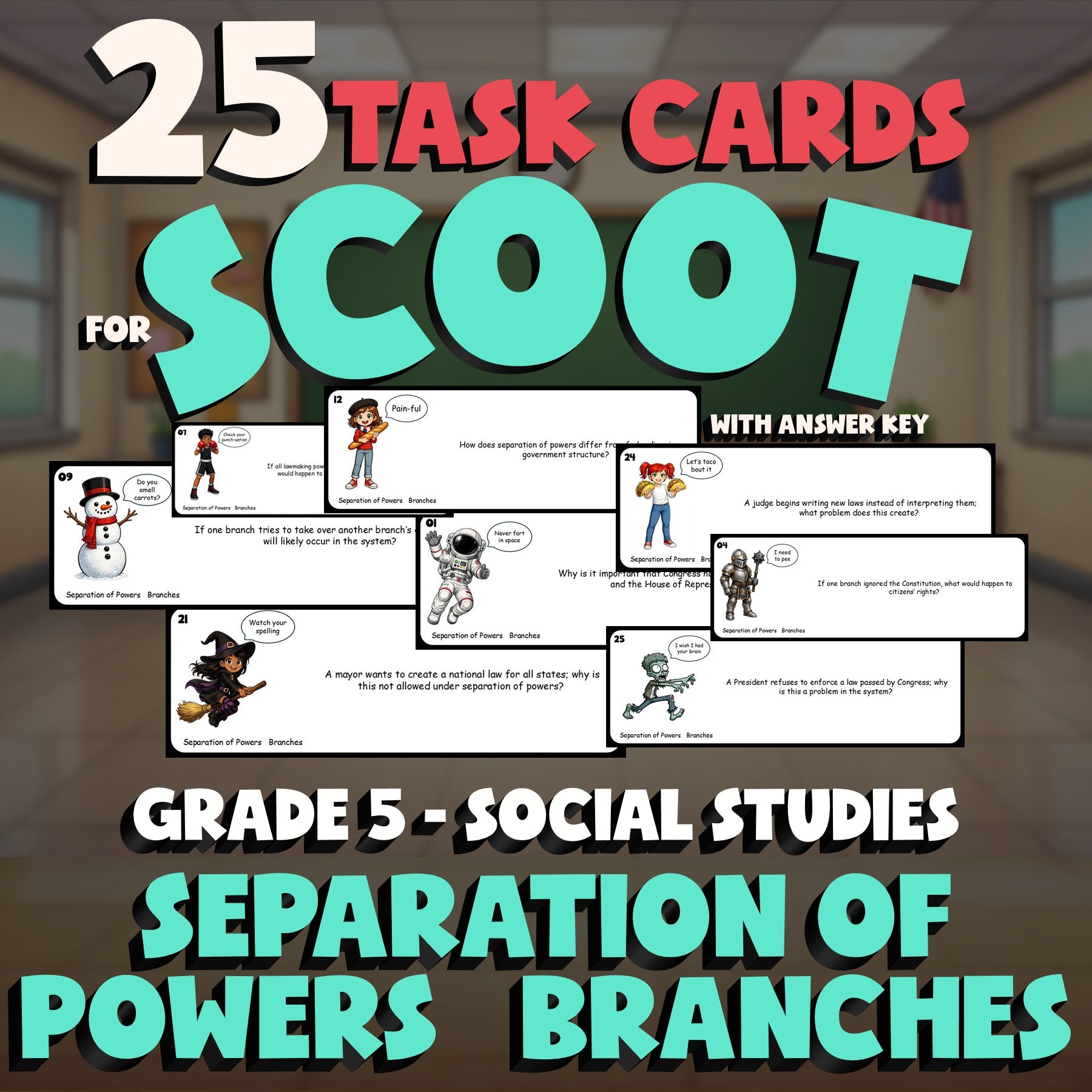 Separation of Powers   Branches SCOOT TASK CARDS Socials Game - No Prep Grade 5
