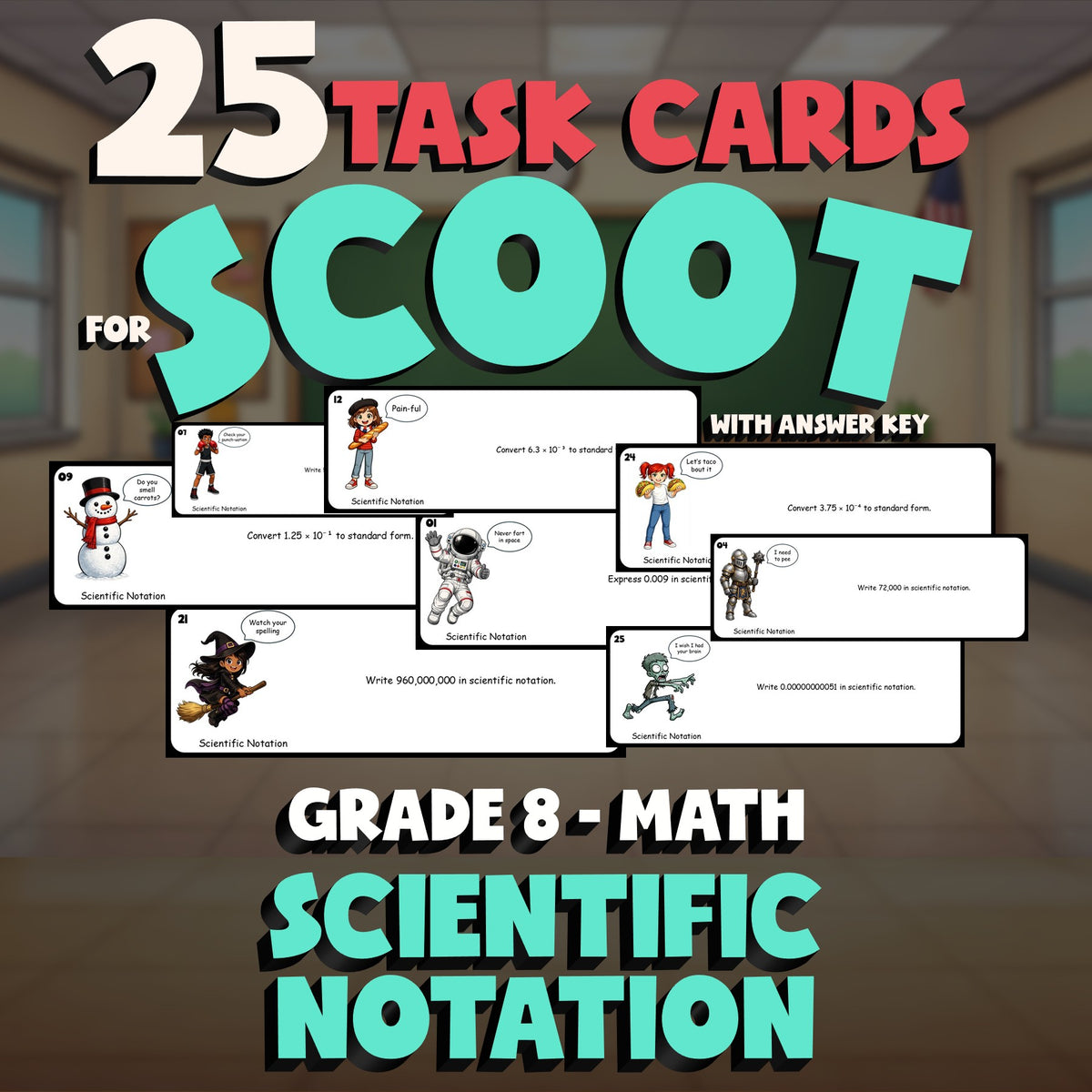 Scientific Notation SCOOT TASK CARDS Math Game - No Prep Grade 8 Review Activity