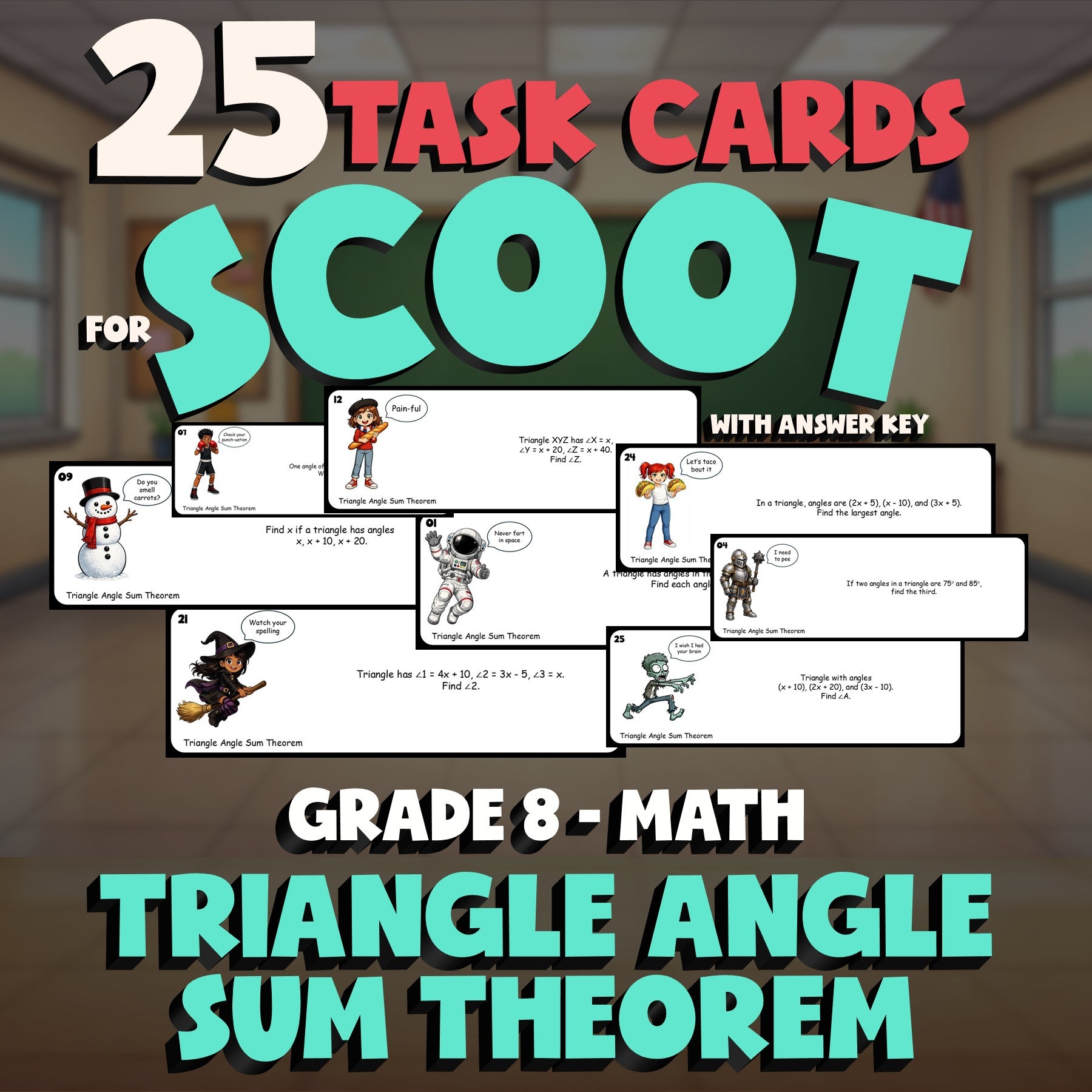 Triangle Angle Sum Theorem SCOOT TASK CARDS Math Game - No Prep Grade 8 Review