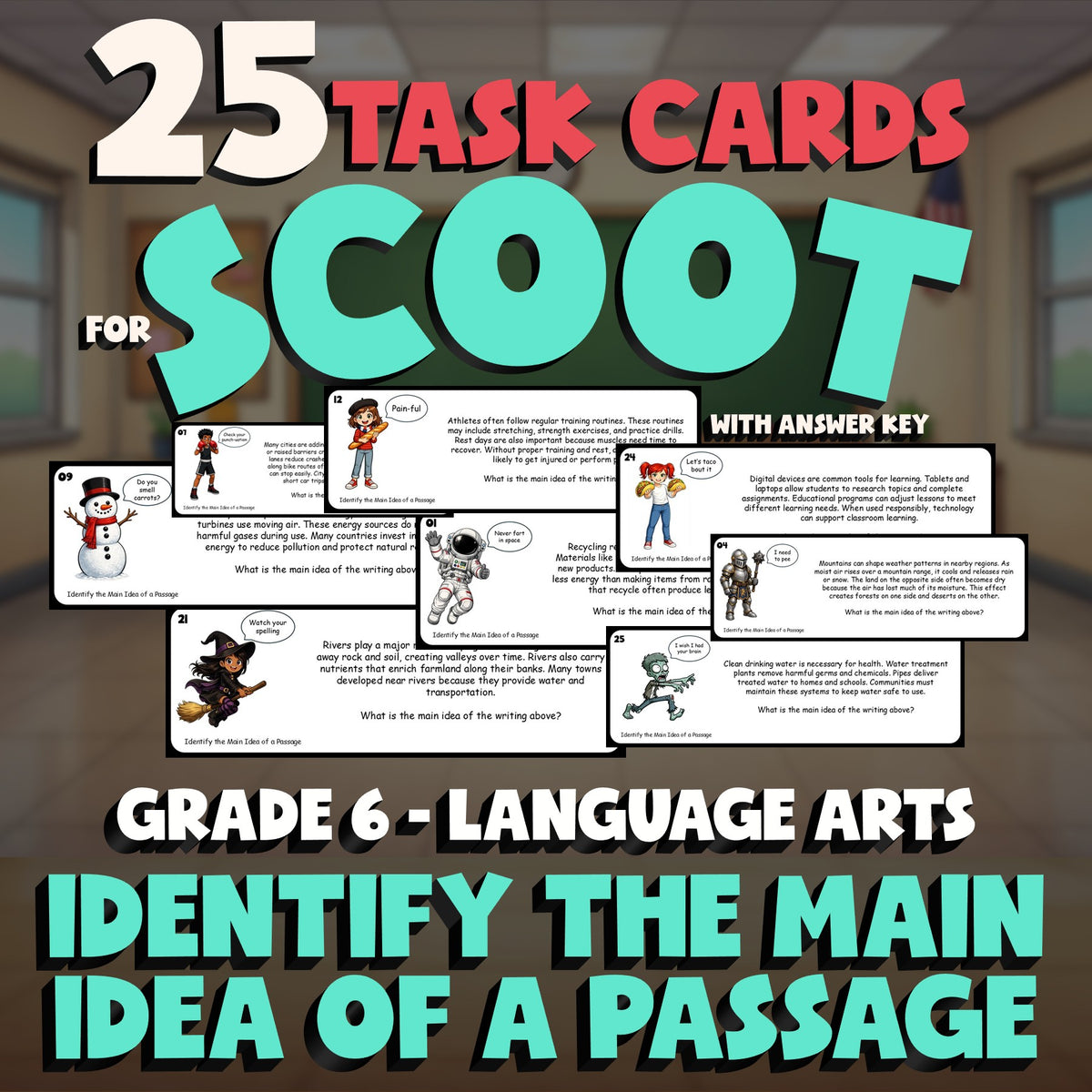 Identify the Main Idea of a Passage SCOOT TASK CARDS ELA Game - No Prep Grade 6