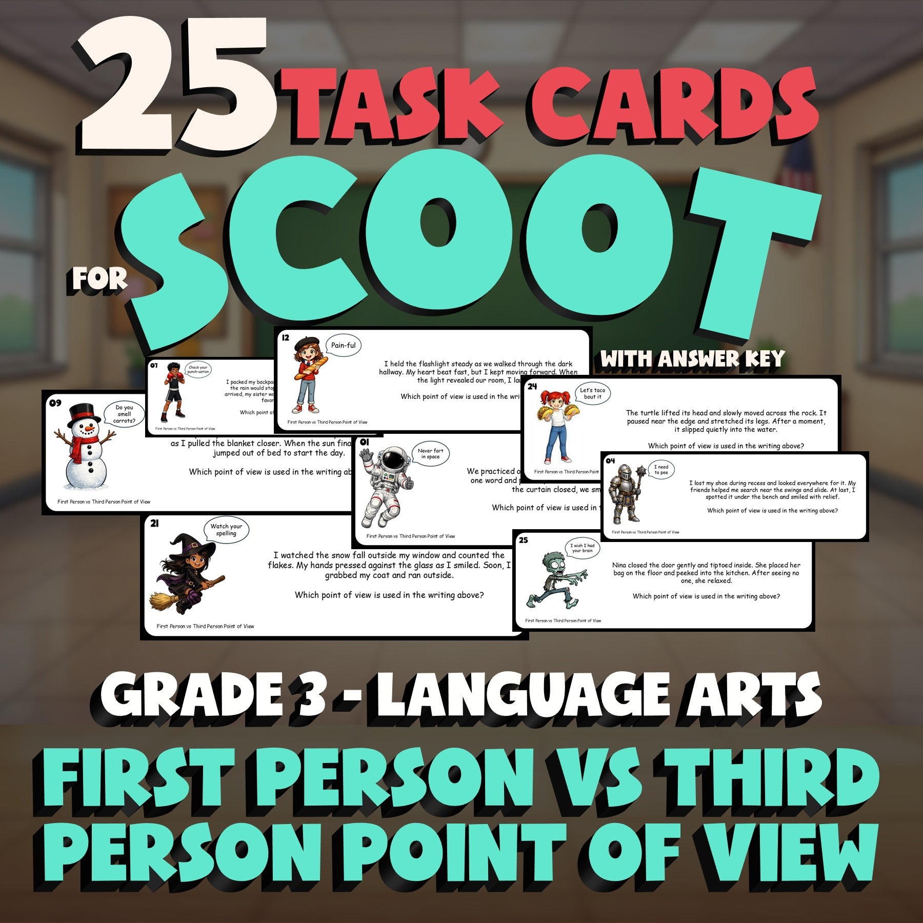 First Person vs Third Person Point of View SCOOT TASK CARDS ELA Game - Grade 3