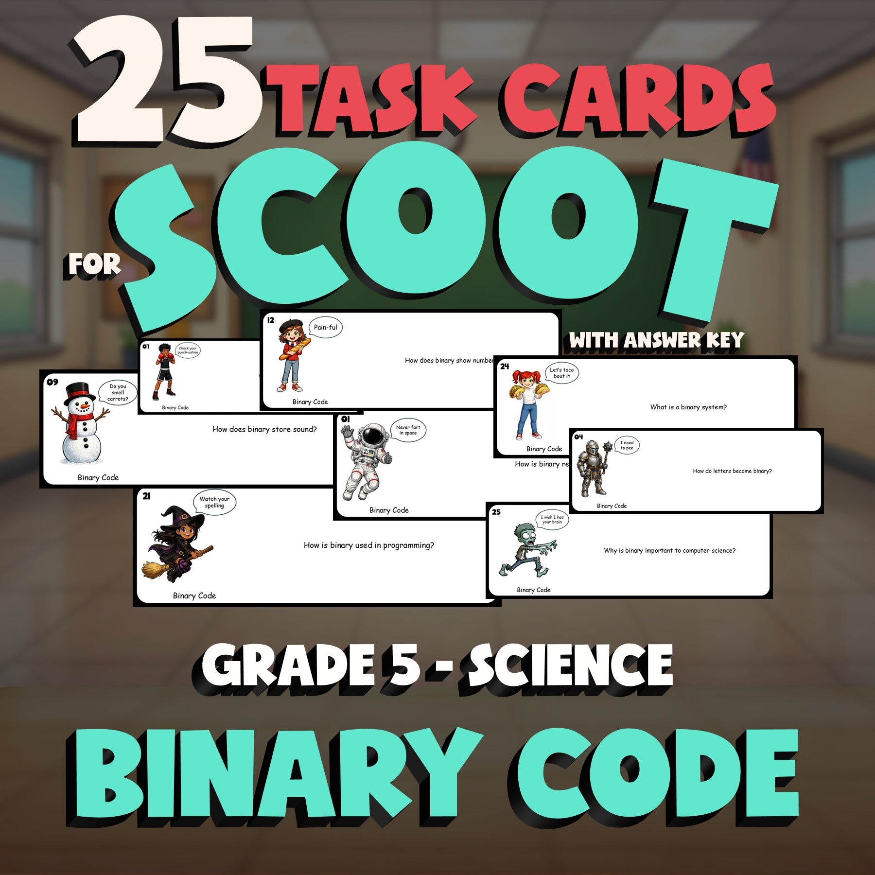 Binary Code SCOOT TASK CARDS Science Game - No Prep Grade 5 Review Activity