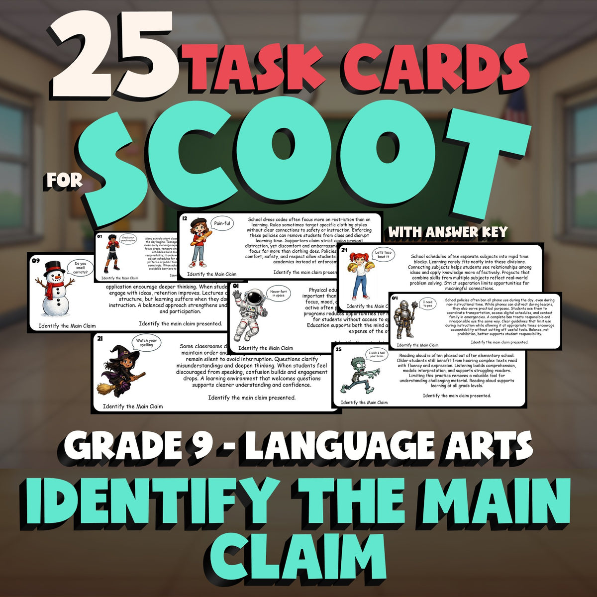 Identify the Main Claim SCOOT TASK CARDS ELA Game - No Prep Grade 9 Review