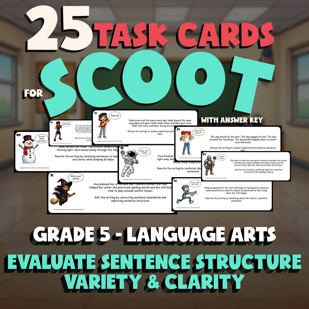 Evaluate Sentence Structure Variety & Clarity SCOOT TASK CARDS ELA Game Grade 5