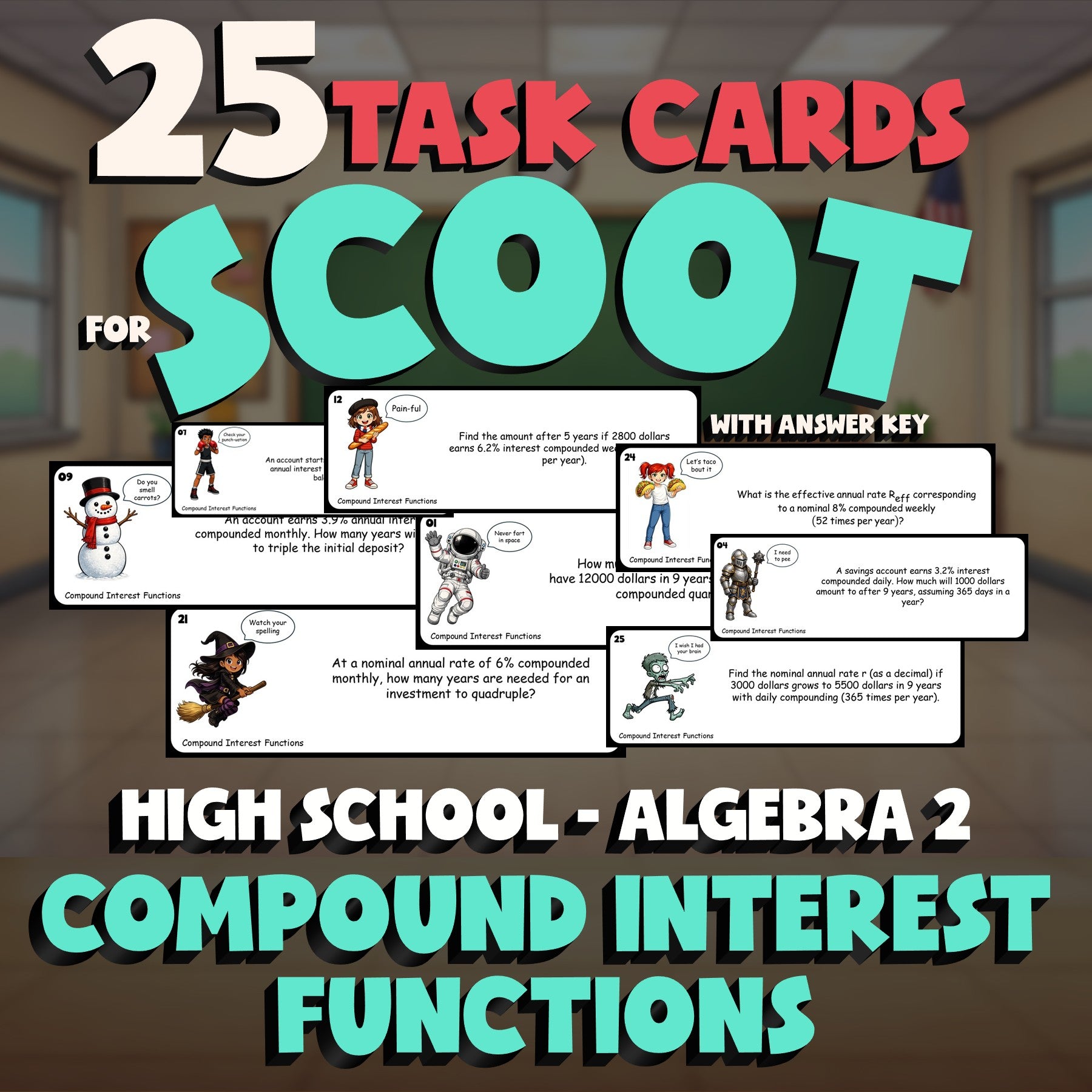 Compound Interest Functions SCOOT TASK CARDS Math Game - No Prep Algebra 2