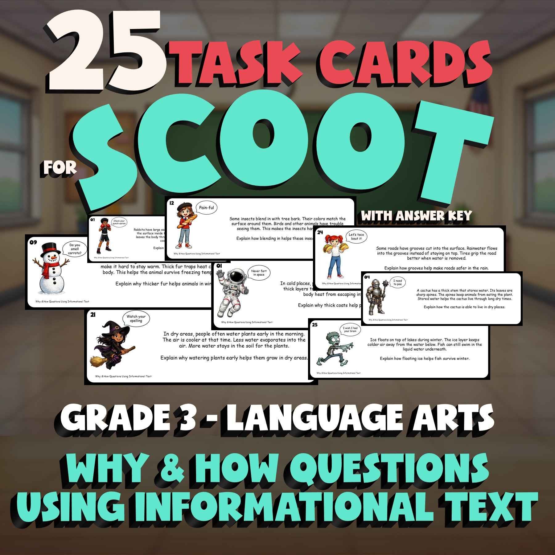 Why & How Questions Using Informational Text SCOOT TASK CARDS ELA Game - Grade 3