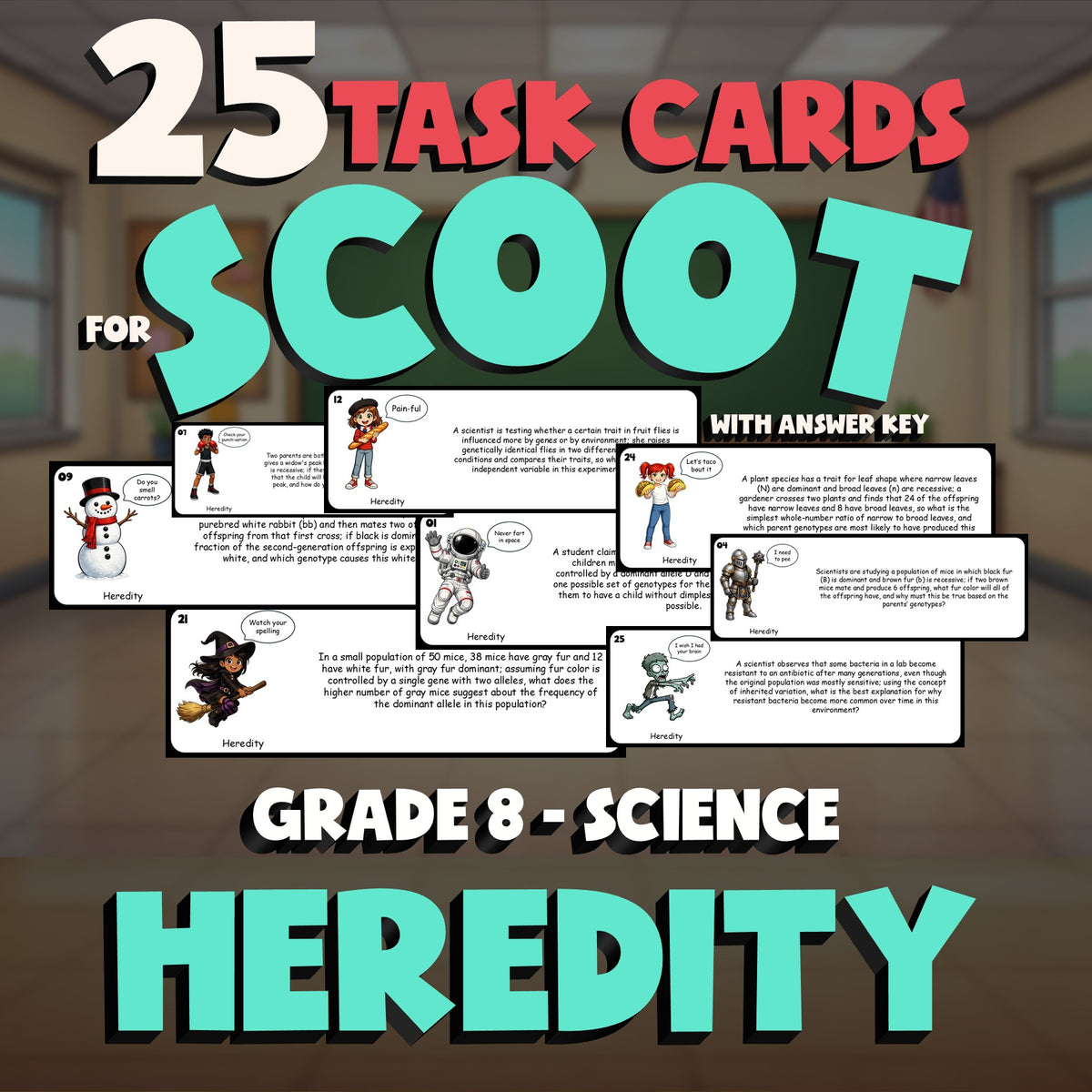 Heredity SCOOT TASK CARDS Science Game - No Prep Grade 8 Review Activity
