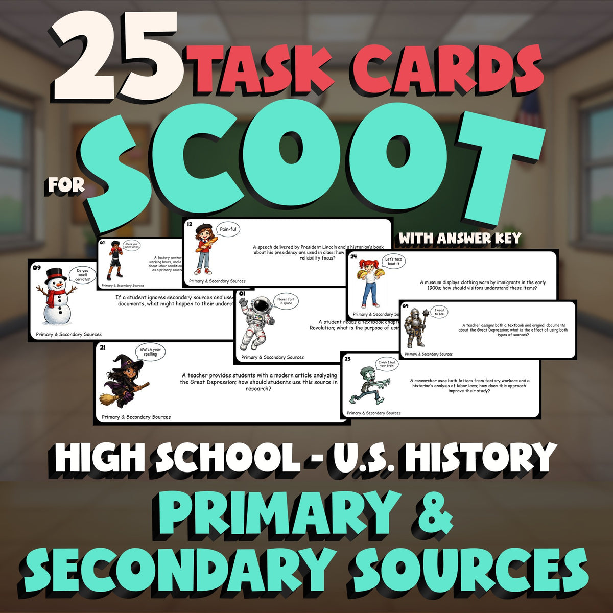 Primary & Secondary Sources SCOOT TASK CARDS U.S. History Game - No Prep Review