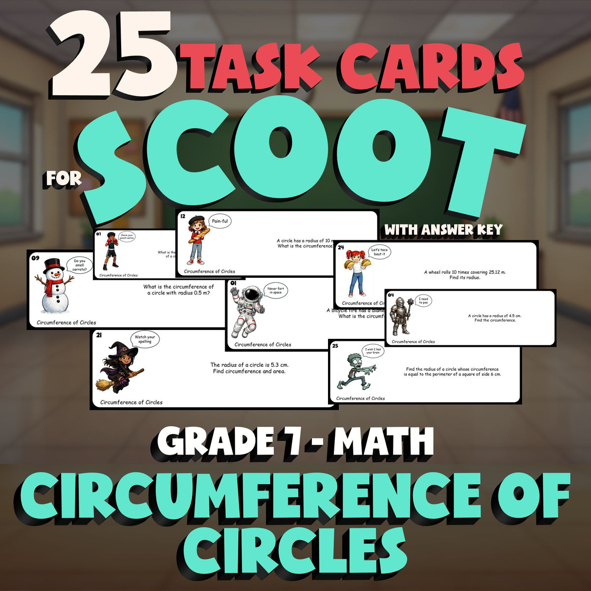Circumference of Circles SCOOT TASK CARDS Math Game - No Prep Grade 7 Review