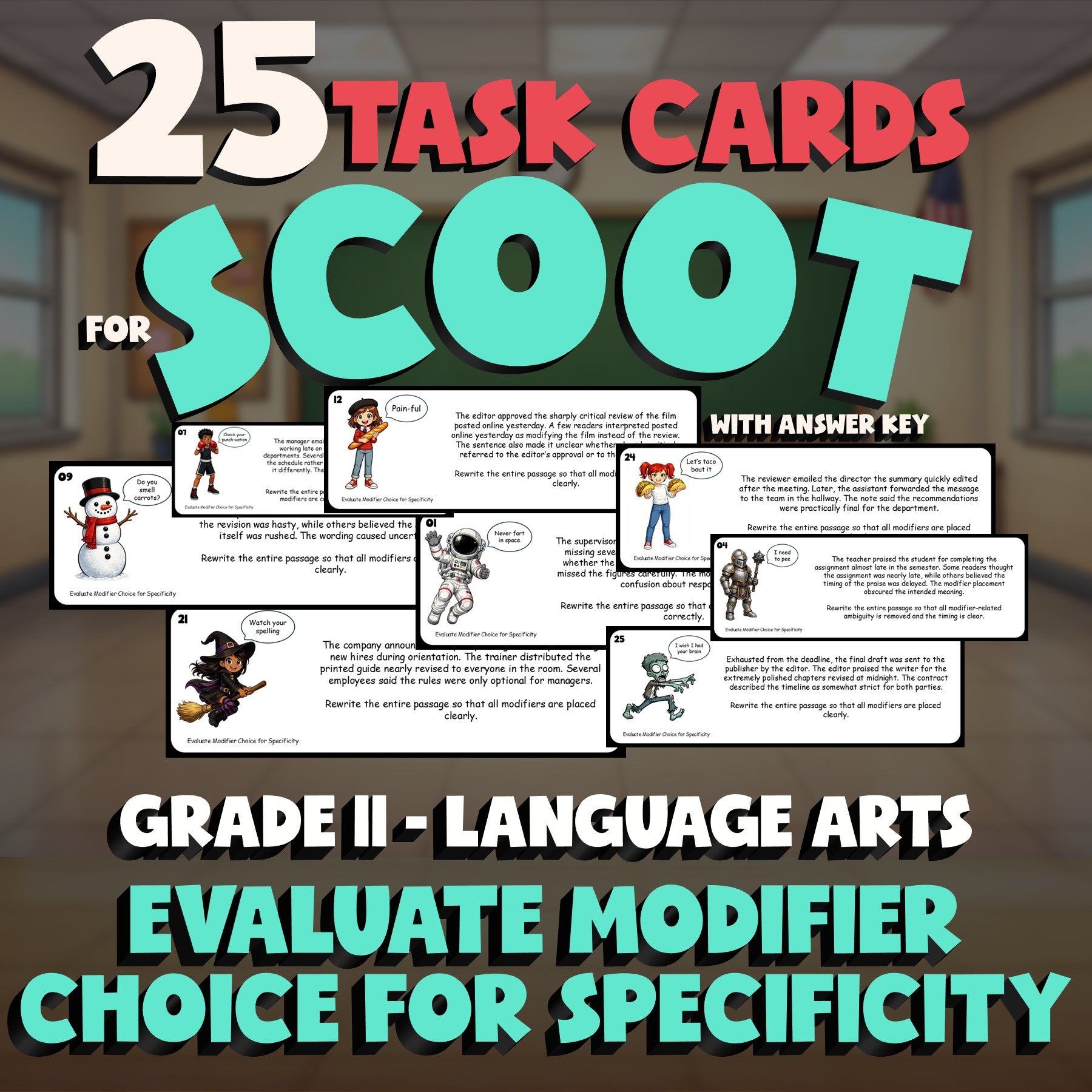 Evaluate Modifier Choice for Specificity SCOOT TASK CARDS ELA Game - Grade 11