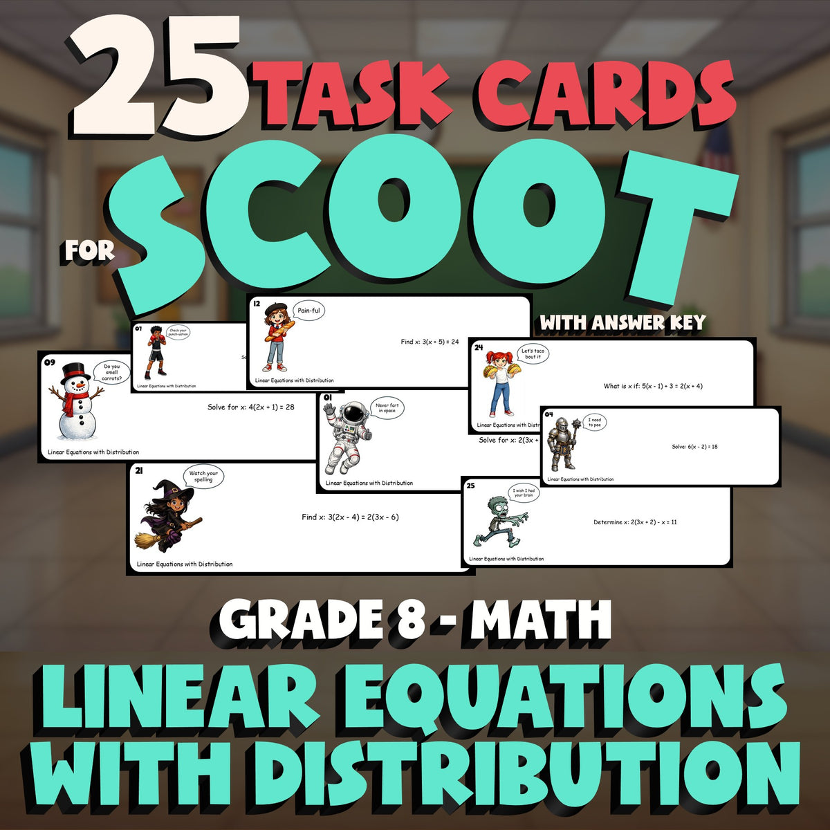 Linear Equations with Distribution SCOOT TASK CARDS Math Game - No Prep Grade 8