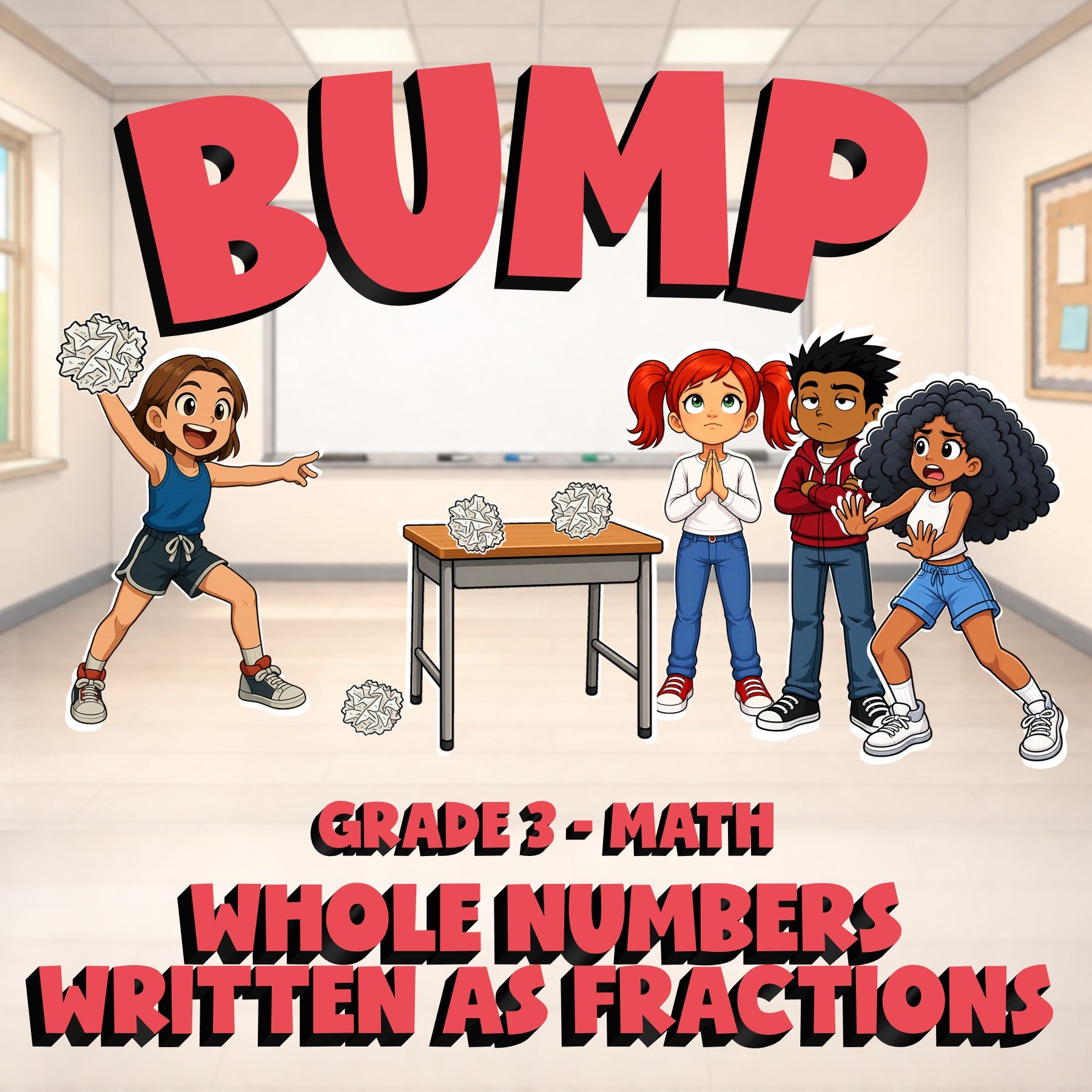 Whole Numbers Written as Fractions BUMP Math Game - No Prep Grade 3 Review