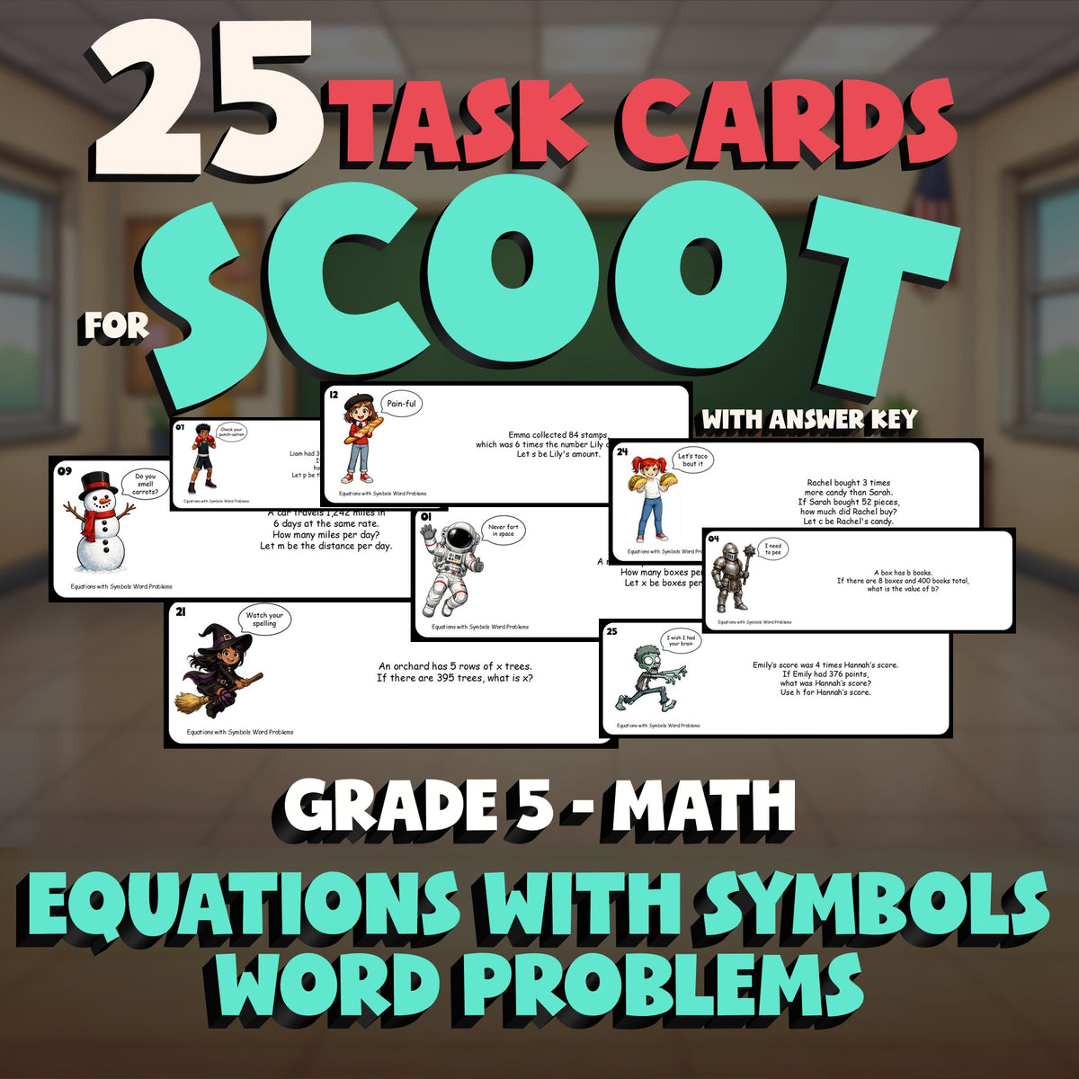 Equations with Symbols Word Problems SCOOT TASK CARDS Math Game - Grade 5