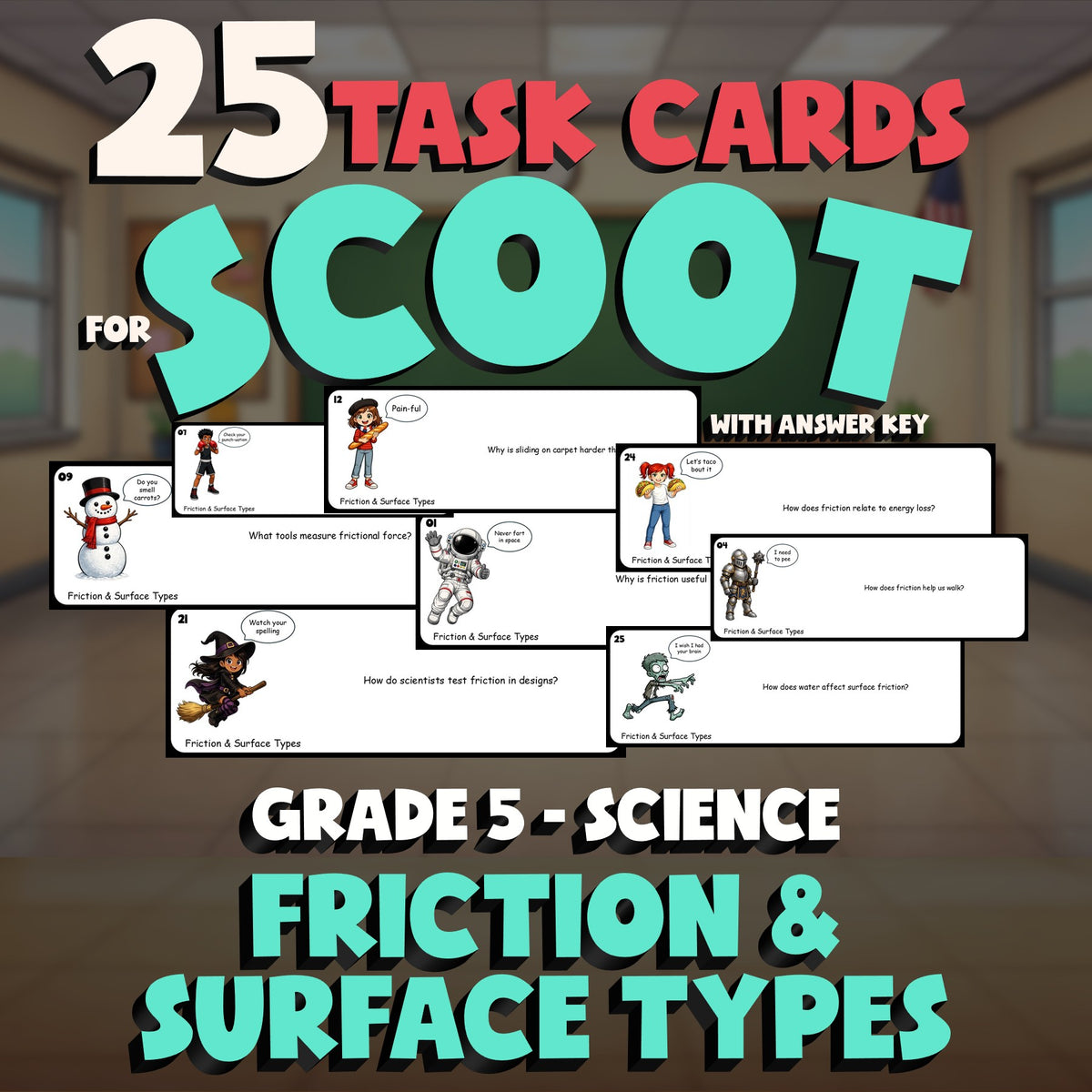 Friction & Surface Types SCOOT TASK CARDS Science Game - No Prep Grade 5 Review