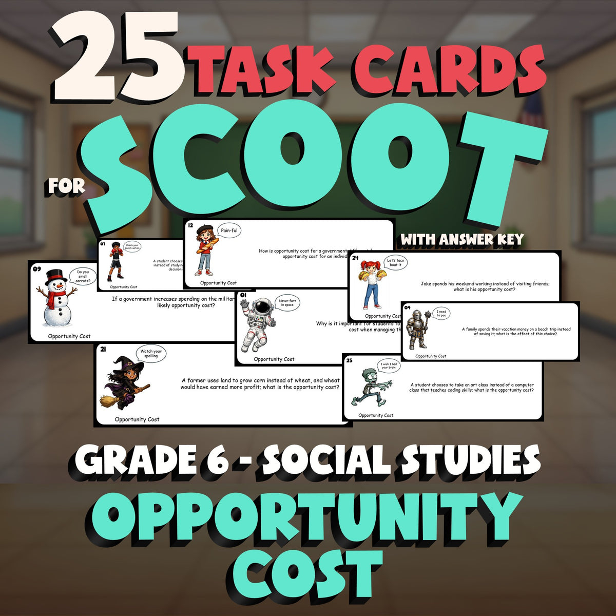 Opportunity Cost SCOOT TASK CARDS Socials Game - No Prep Grade 6 Review Activity