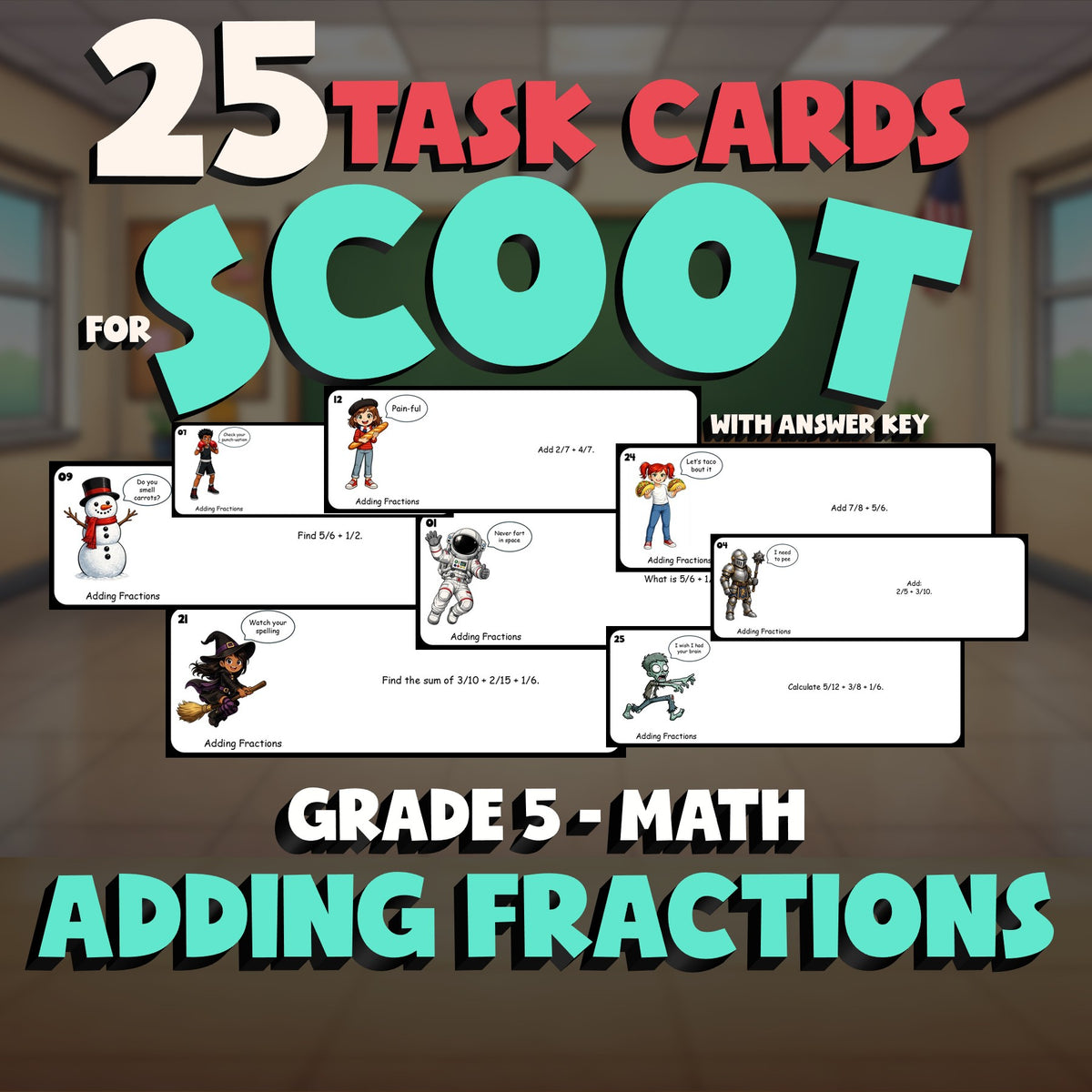 Adding Fractions SCOOT TASK CARDS Math Game - No Prep Grade 5 Review Activity