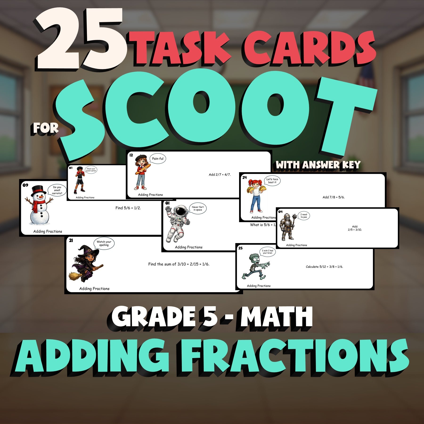 Adding Fractions SCOOT TASK CARDS Math Game - No Prep Grade 5 Review Activity