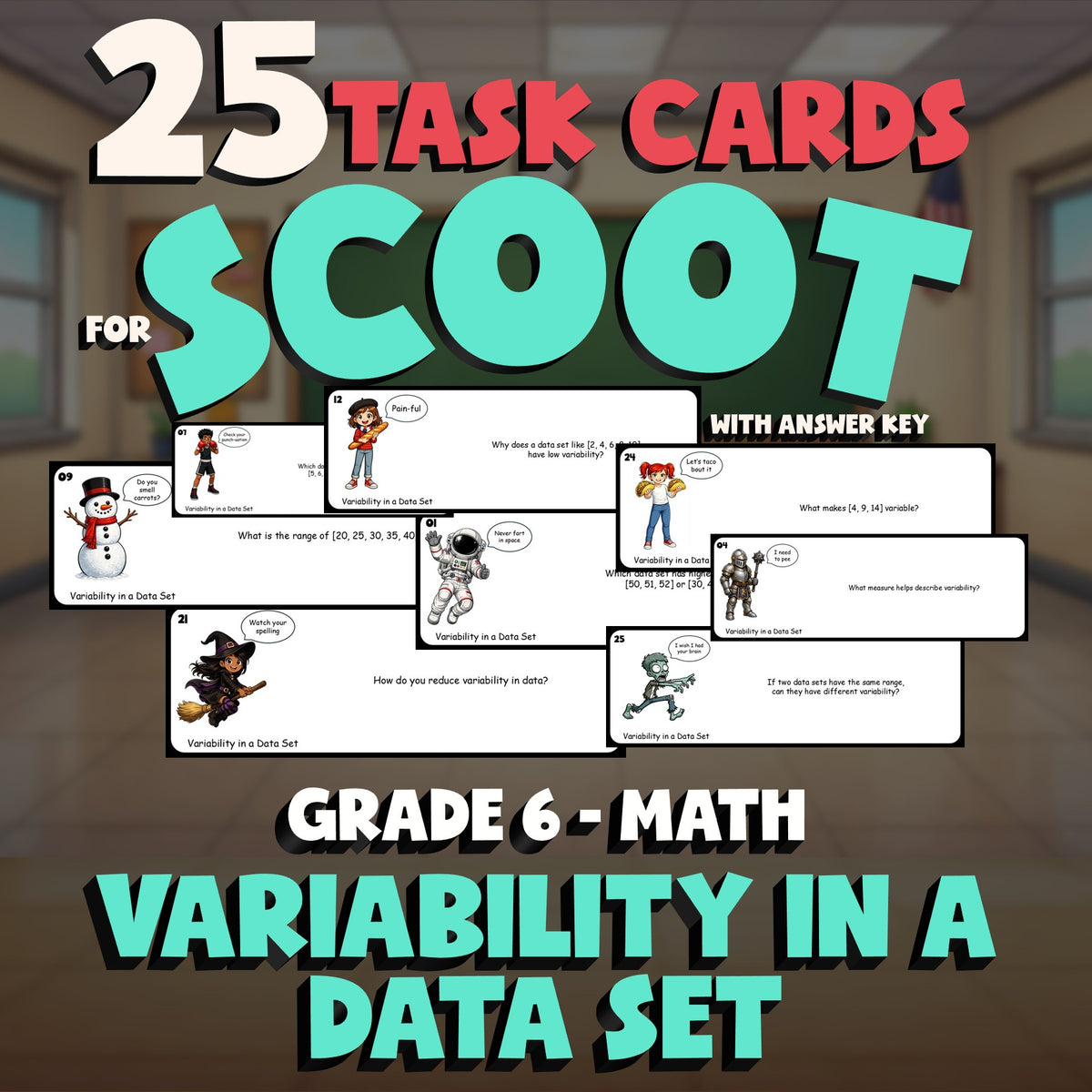 Variability in a Data Set SCOOT TASK CARDS Math Game - No Prep Grade 6 Review