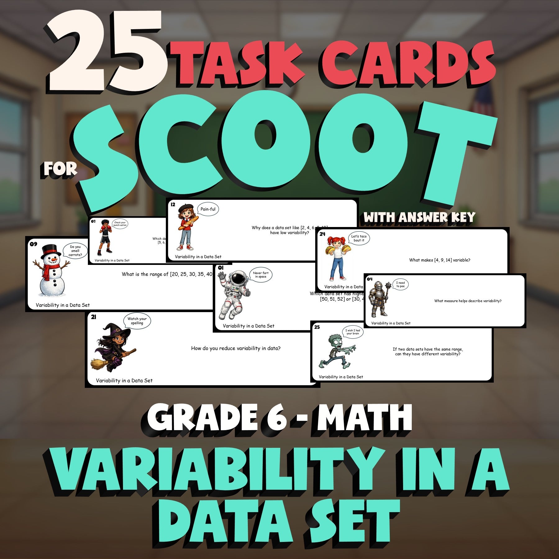 Variability in a Data Set SCOOT TASK CARDS Math Game - No Prep Grade 6 Review