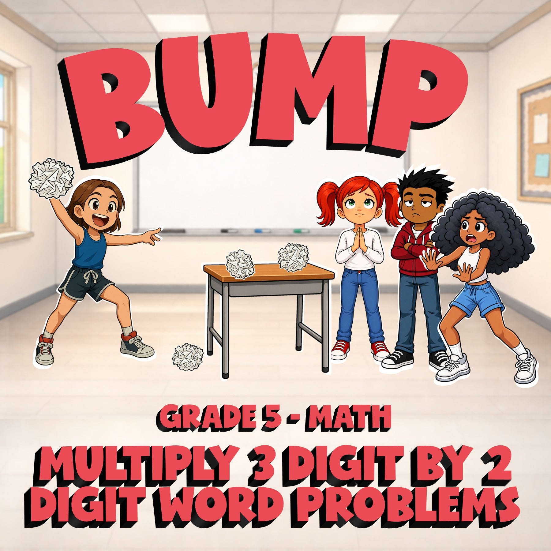 Multiply 3 Digit by 2 Digit Word Problems BUMP Math Game - No Prep Grade 5