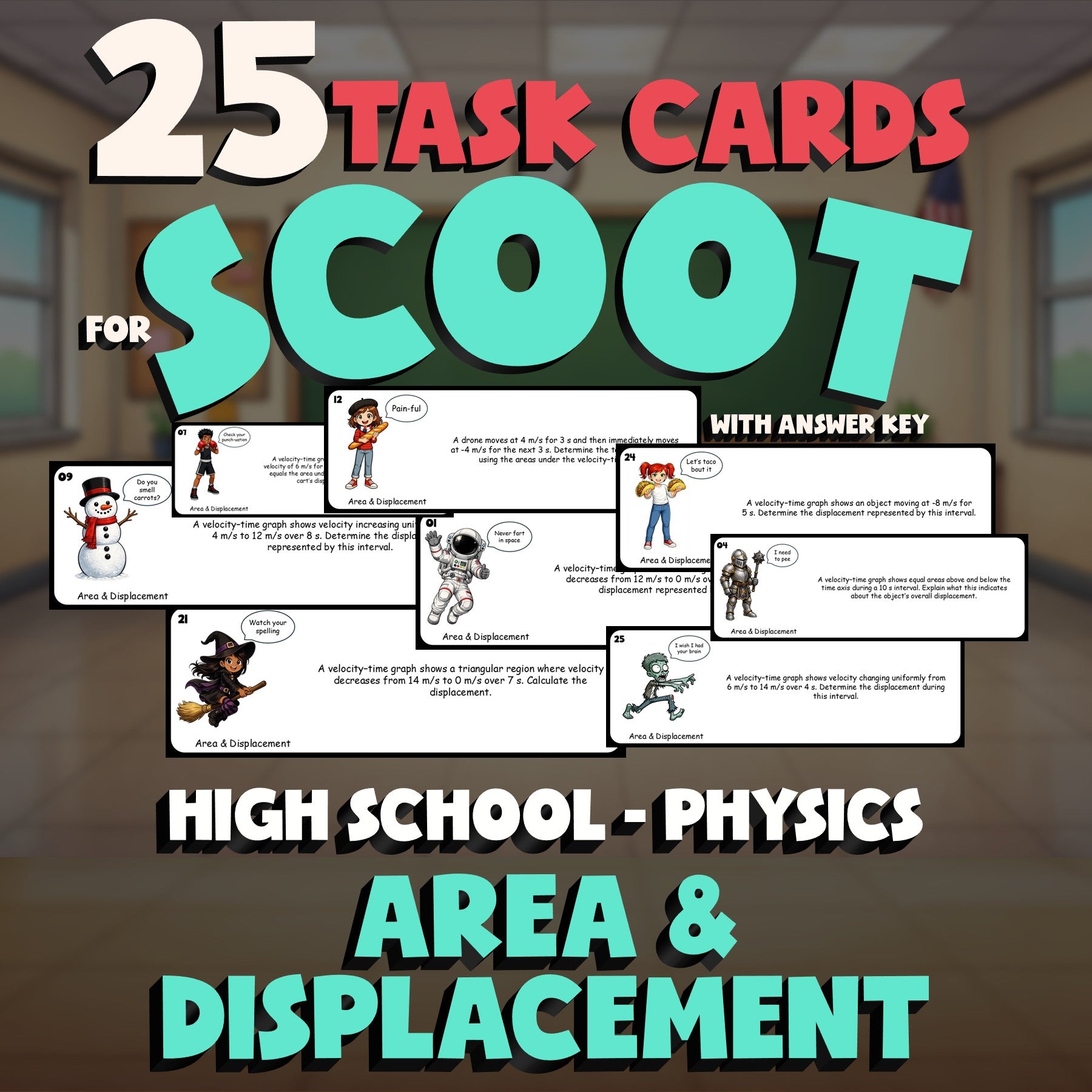 Area & Displacement SCOOT TASK CARDS Science Game - No Prep Physics Review