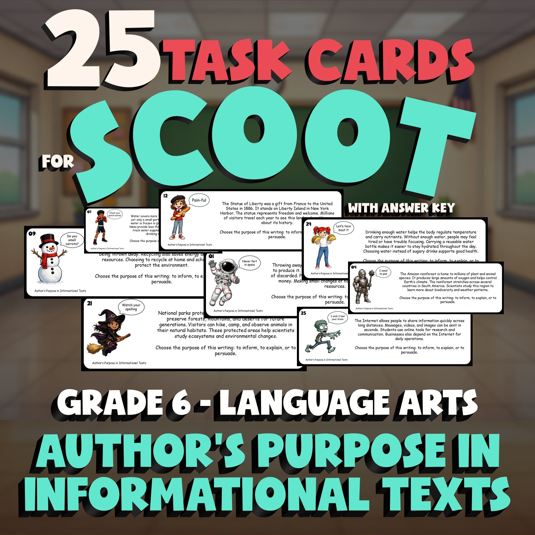 Author’s Purpose in Informational Texts SCOOT TASK CARDS ELA Game - Grade 6