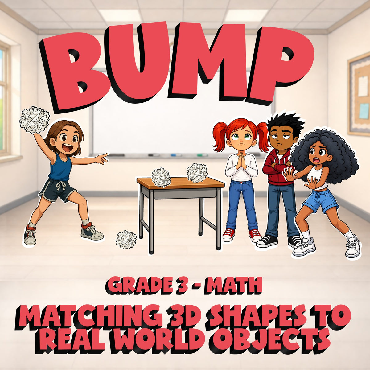 Matching 3D Shapes to Real World Objects BUMP Math Game - No Prep Grade 3 Review