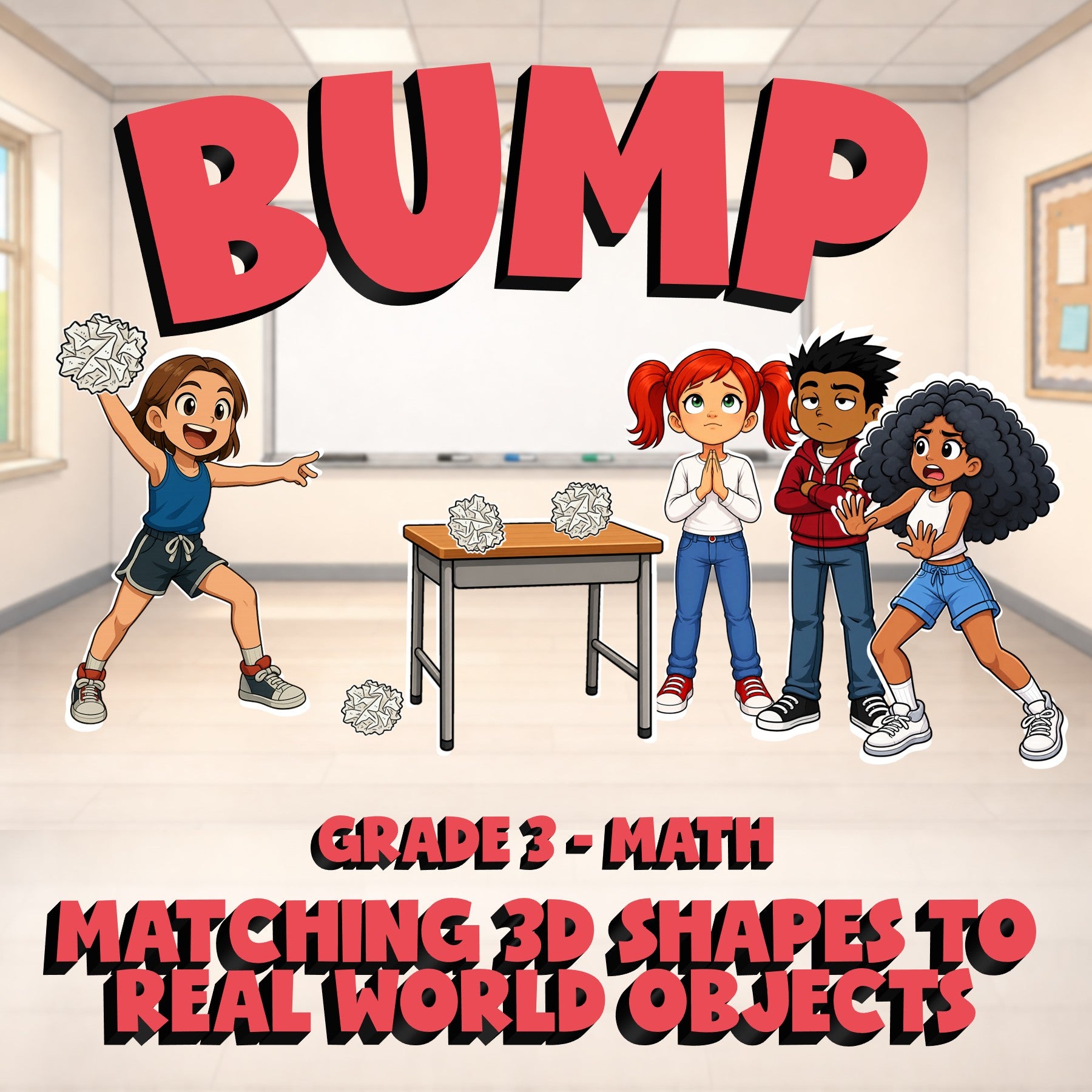 Matching 3D Shapes to Real World Objects BUMP Math Game - No Prep Grade 3 Review