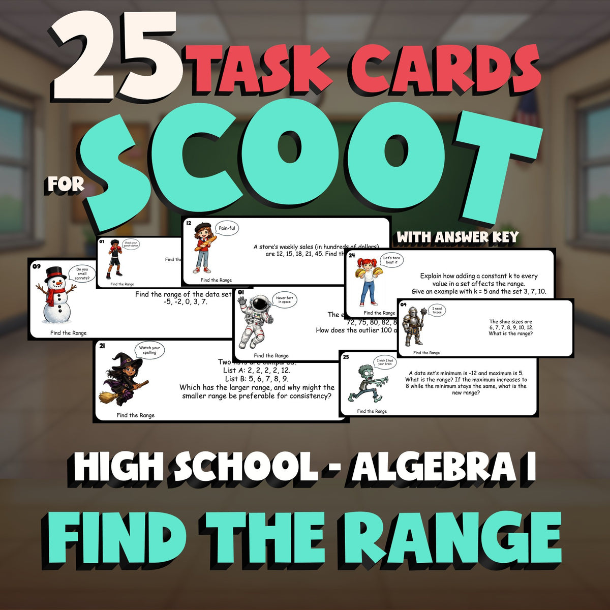 Find the Range SCOOT TASK CARDS Math Game - No Prep Algebra 1 Review Activity