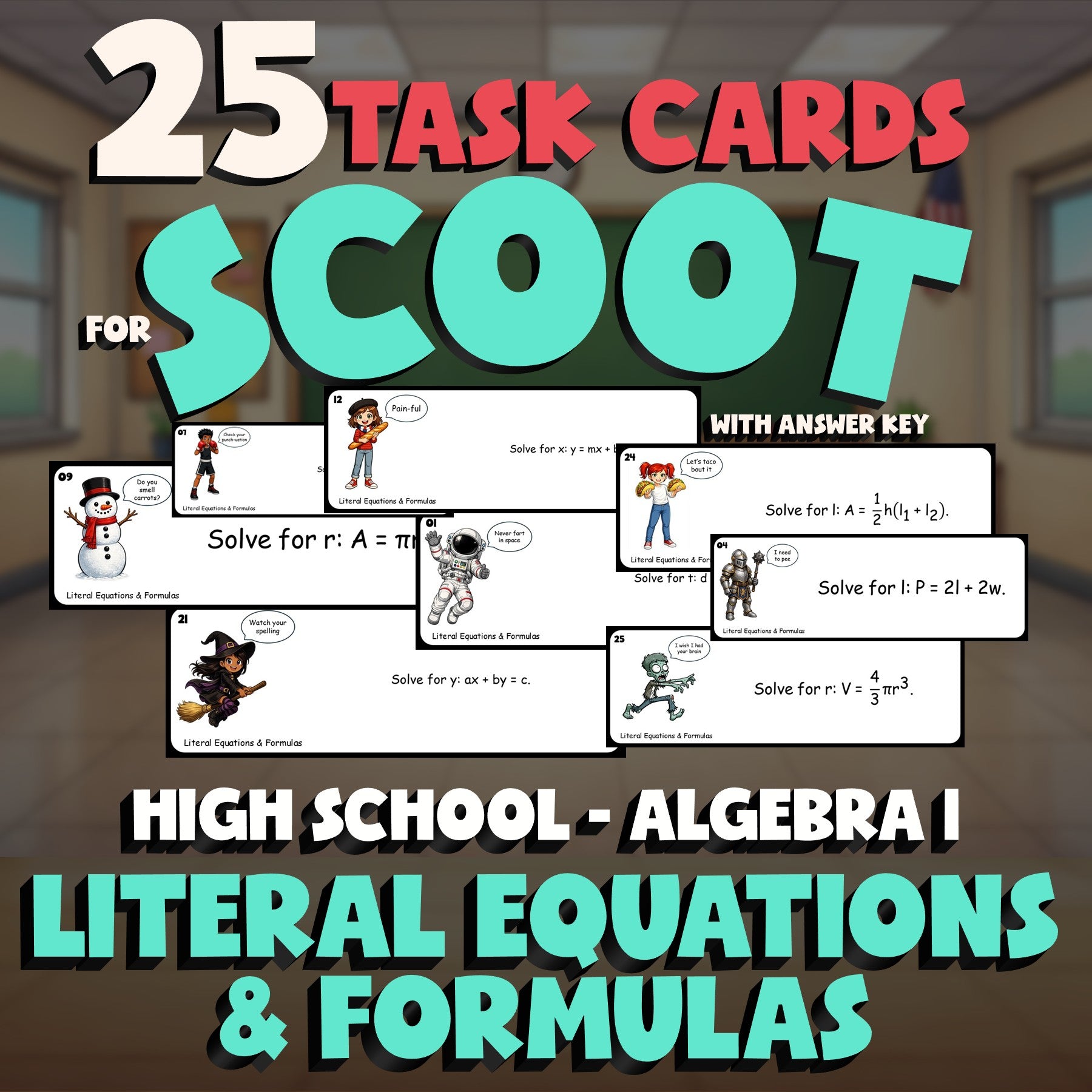 Literal Equations & Formulas SCOOT TASK CARDS Math Game - No Prep Algebra 1
