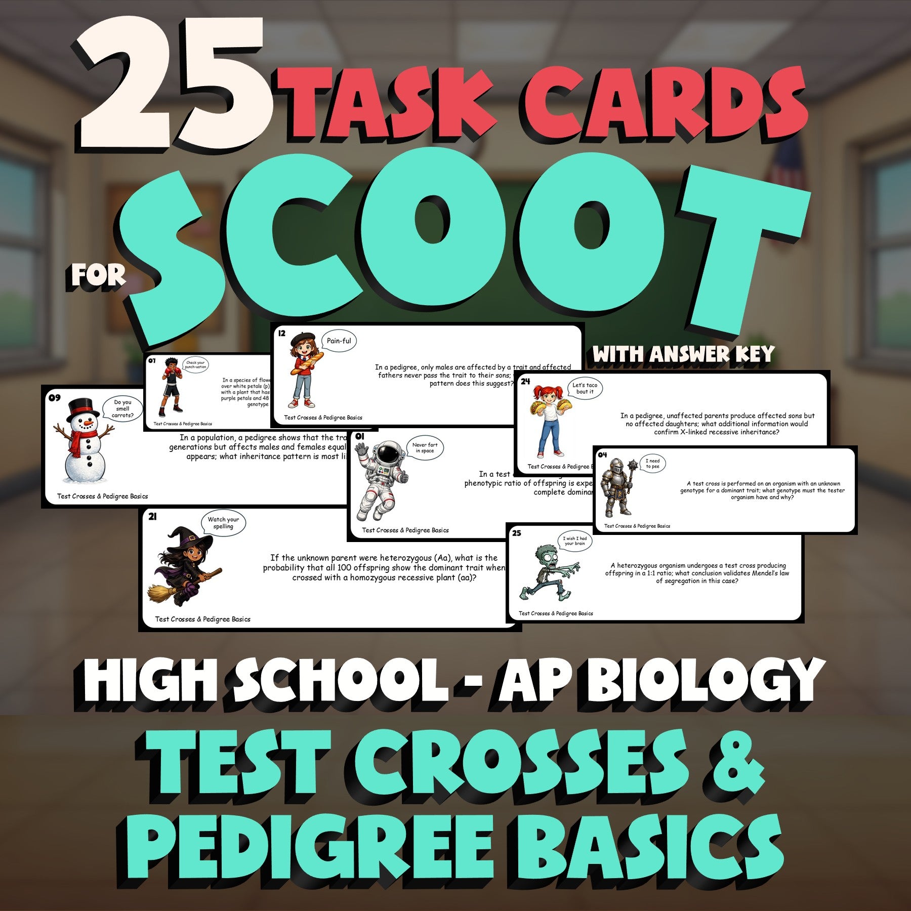 Test Crosses & Pedigree Basics SCOOT TASK CARDS Science Game - AP Biology