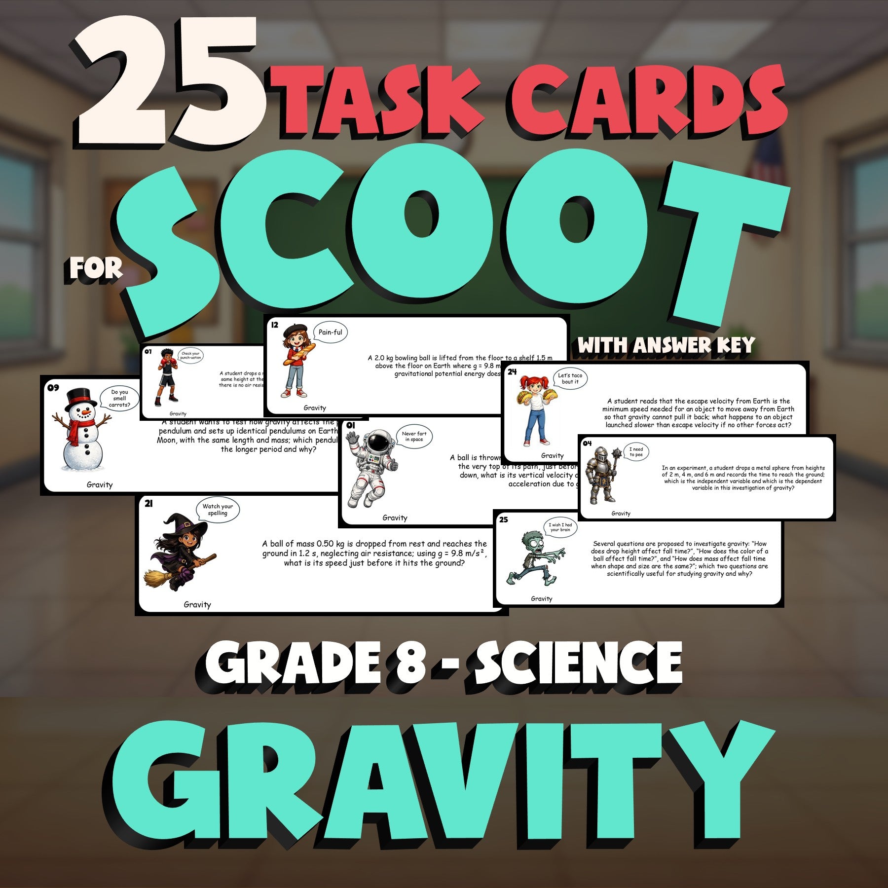 Gravity SCOOT TASK CARDS Science Game - No Prep Grade 8 Review Activity