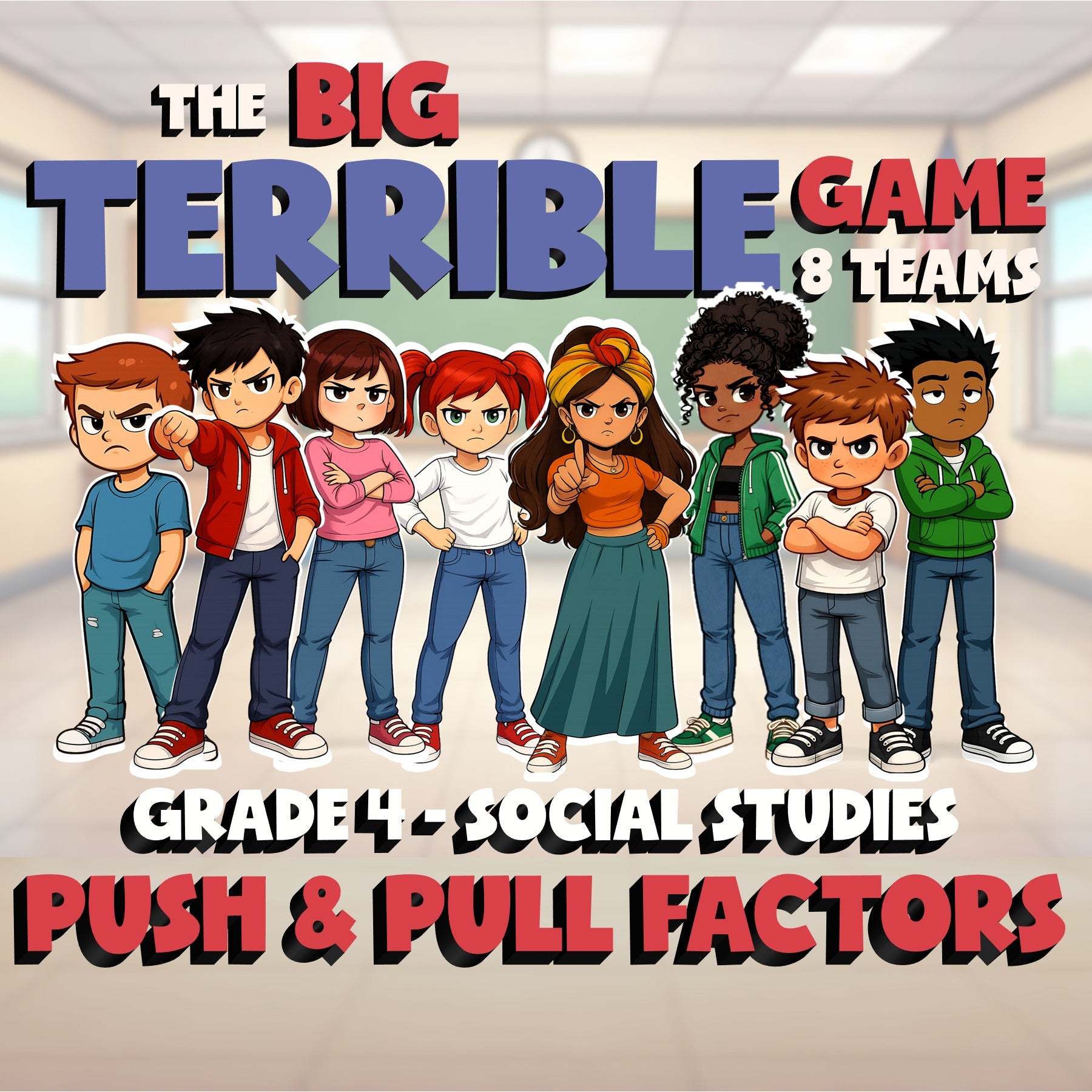 Push & Pull Factors BIG TERRIBLE GAME - No Prep Grade 4 Socials Review Activity