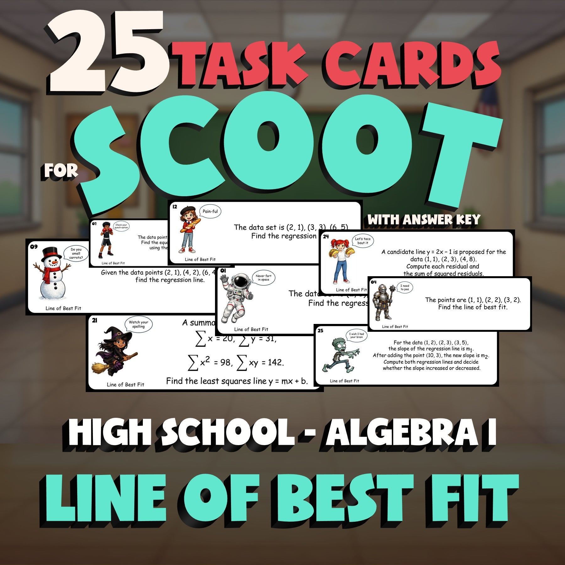 Line of Best Fit SCOOT TASK CARDS Math Game - No Prep Algebra 1 Review Activity