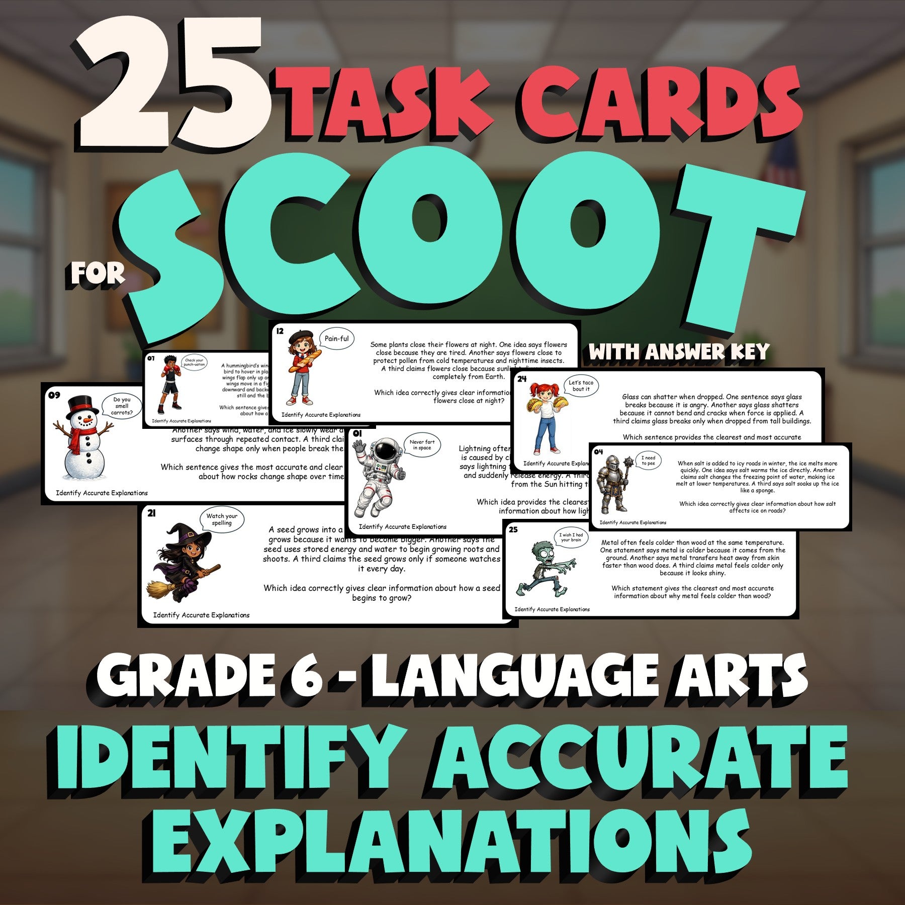Identify Accurate Explanations SCOOT TASK CARDS ELA Game - No Prep Grade 6