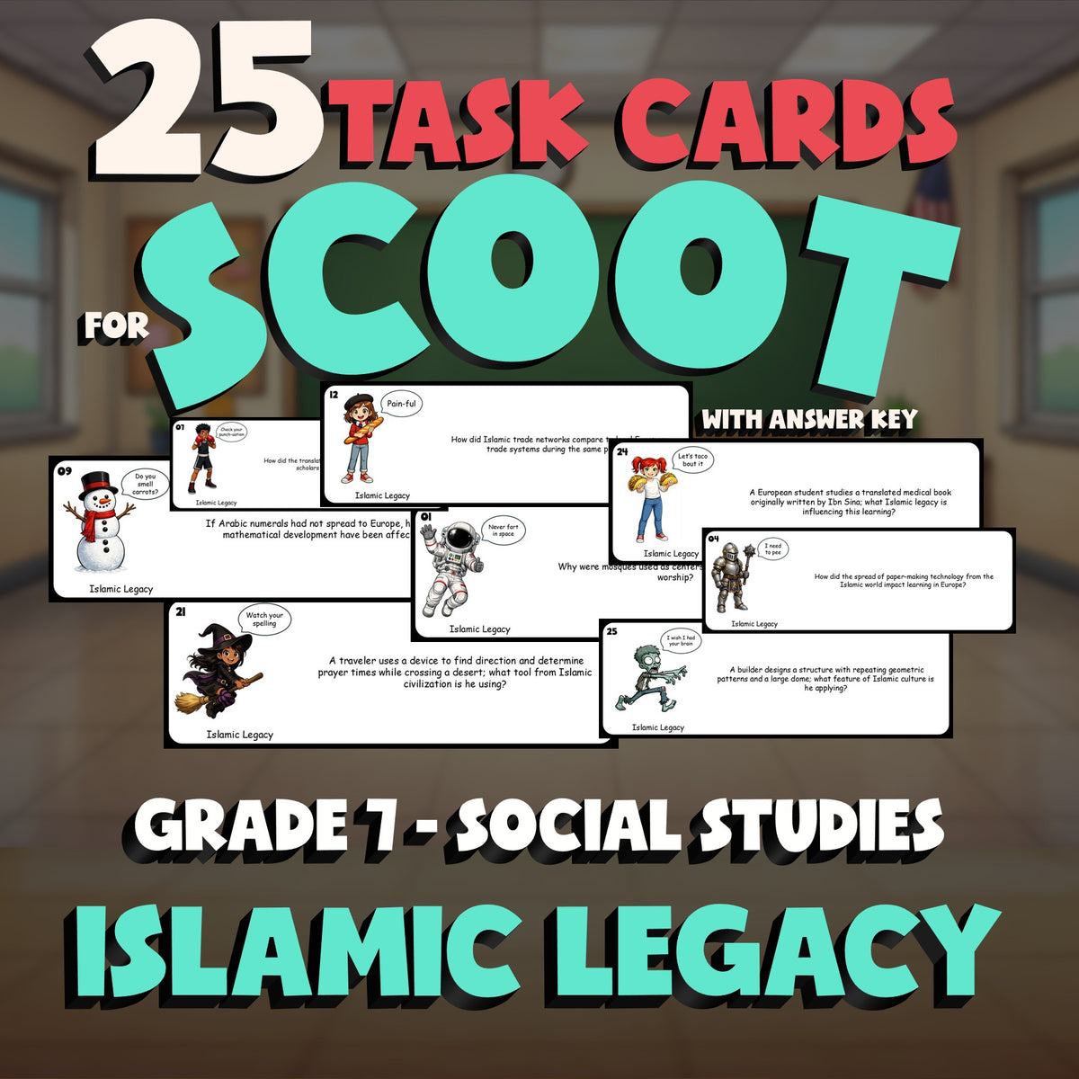 Islamic Legacy SCOOT TASK CARDS Socials Game - No Prep Grade 7 Review Activity