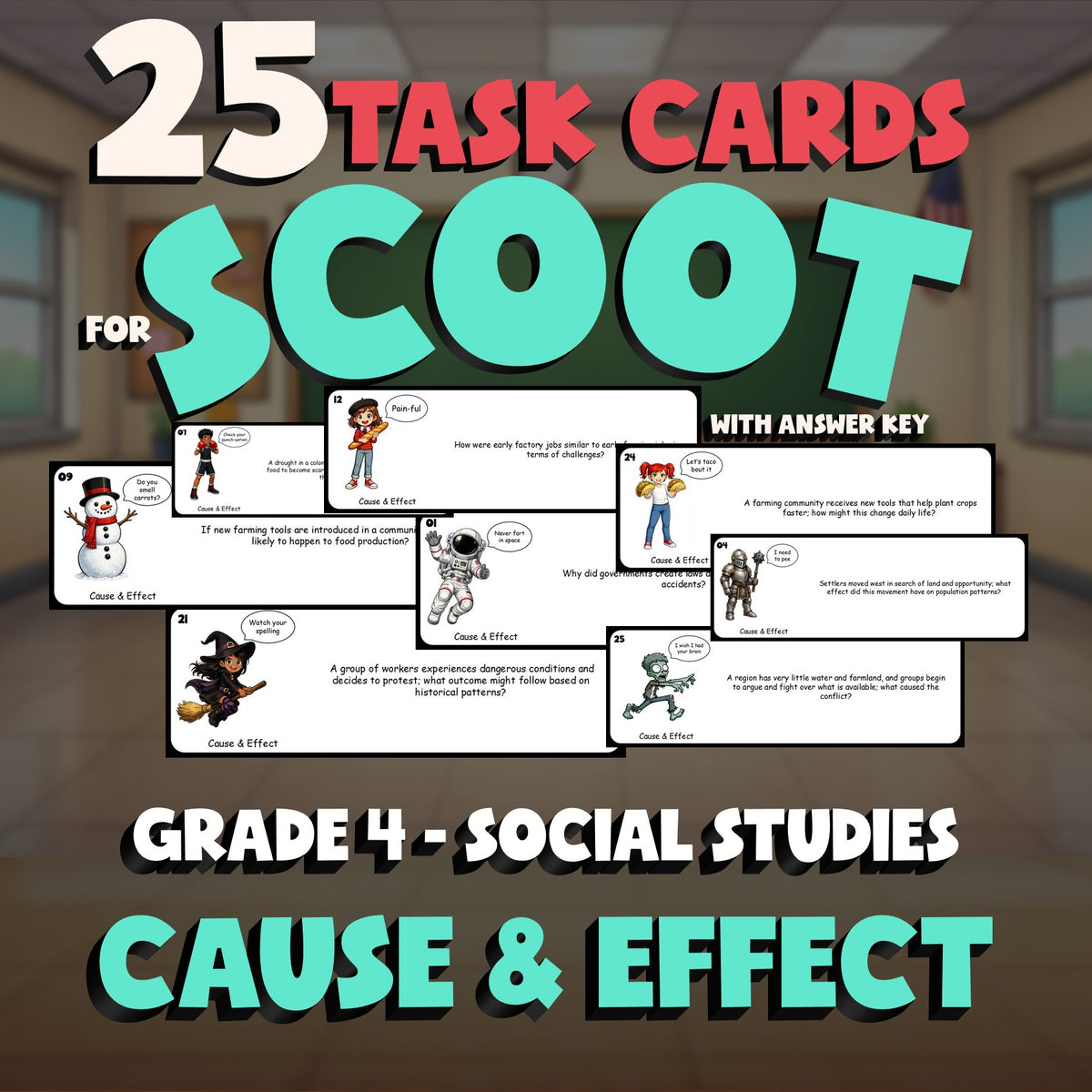 Cause & Effect SCOOT TASK CARDS Socials Game - No Prep Grade 4 Review Activity