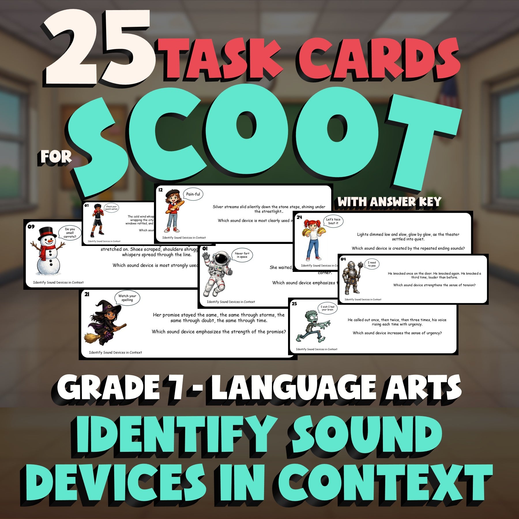 Identify Sound Devices in Context SCOOT TASK CARDS ELA Game - No Prep Grade 7