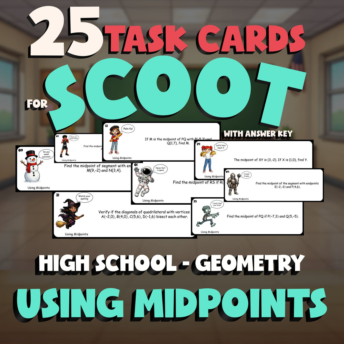 Using Midpoints SCOOT TASK CARDS Math Game - No Prep Geometry Review Activity