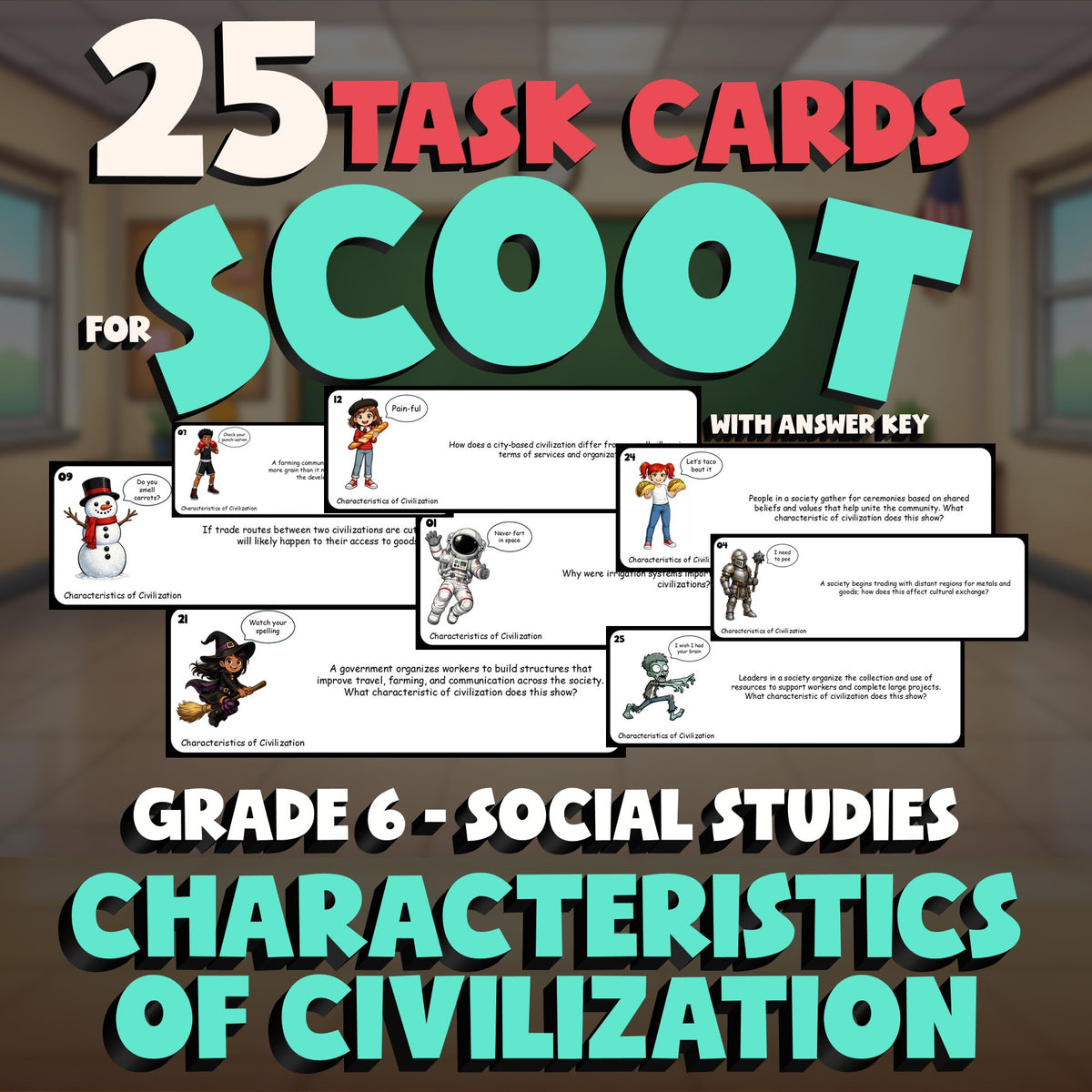 Characteristics of Civilization SCOOT TASK CARDS Socials Game - No Prep Grade 6