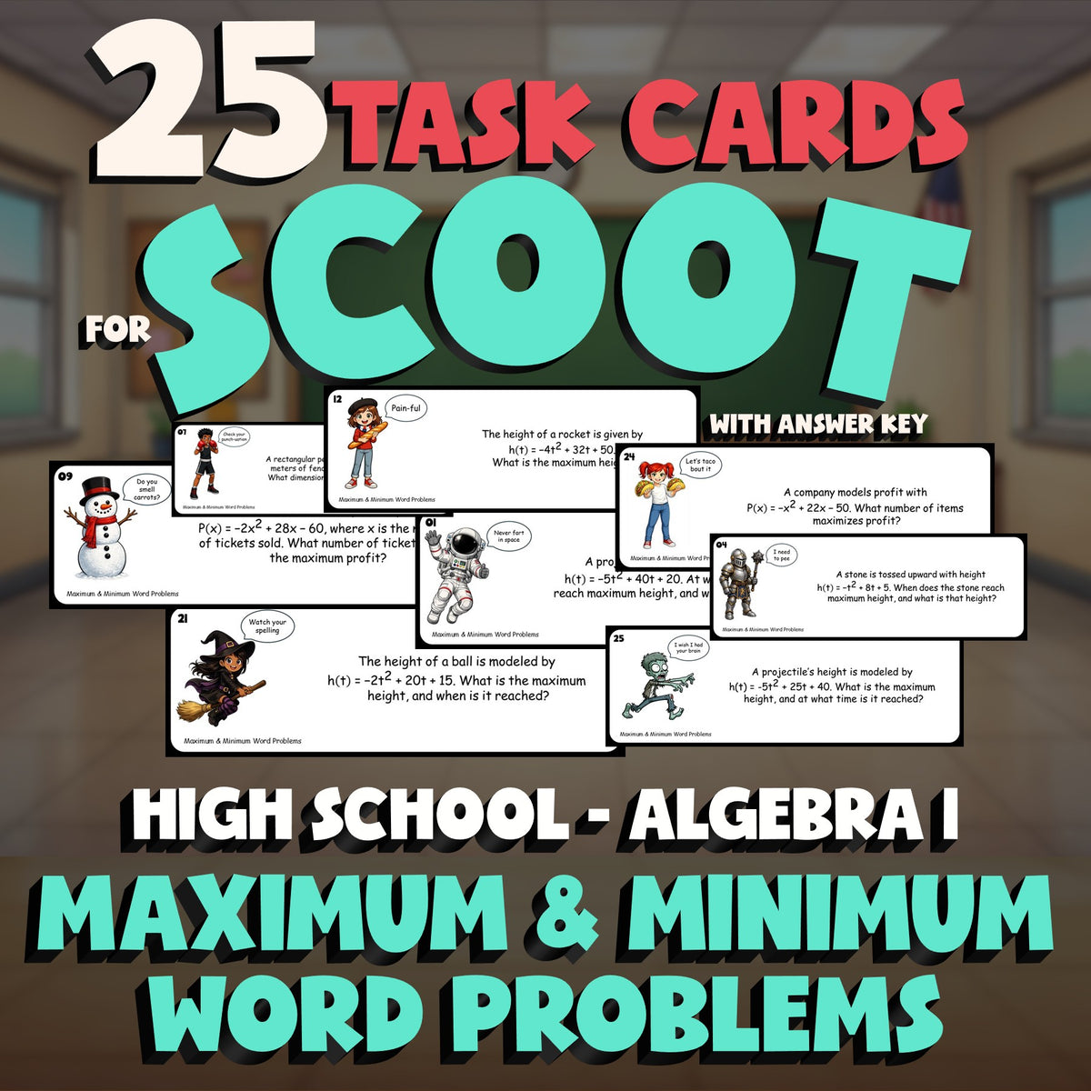 Maximum & Minimum Word Problems SCOOT TASK CARDS Math Game - No Prep Algebra 1