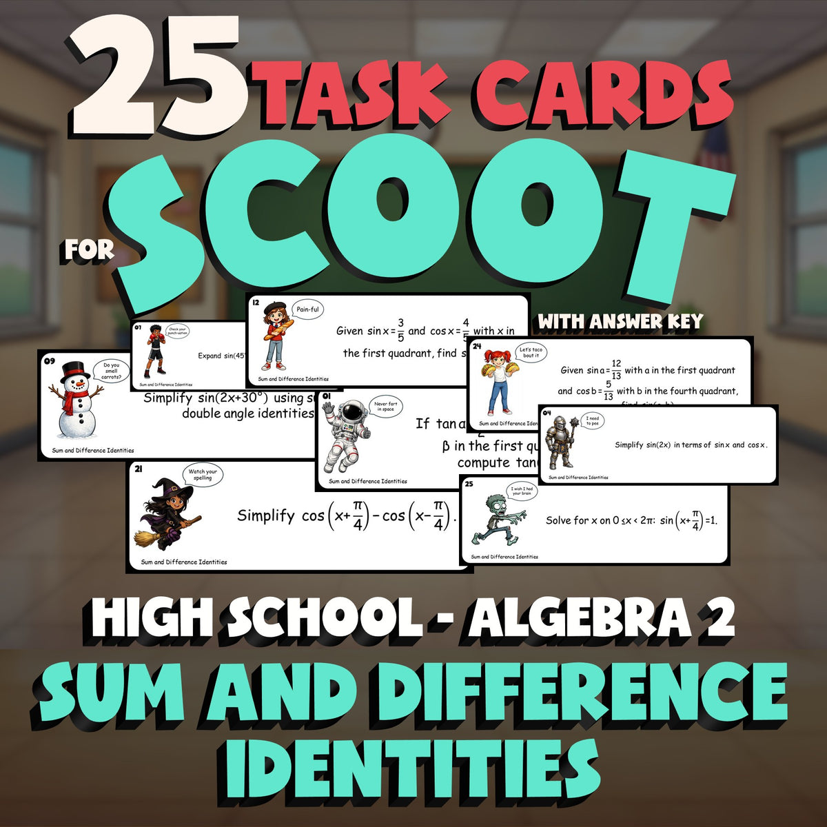 Sum and Difference Identities SCOOT TASK CARDS Math Game - No Prep Algebra 2