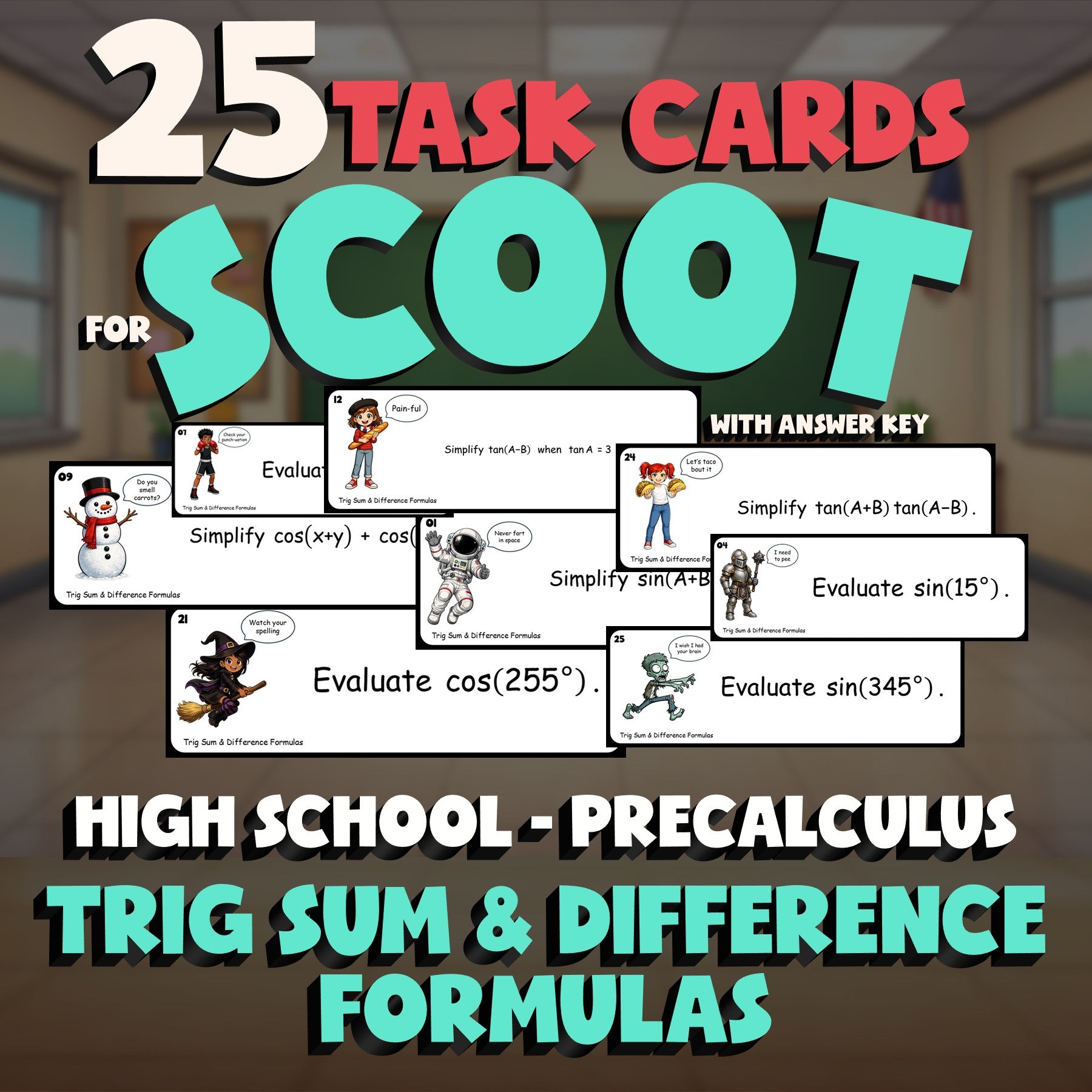 Trig Sum & Difference Formulas SCOOT TASK CARDS Math Game - No Prep PreCalculus