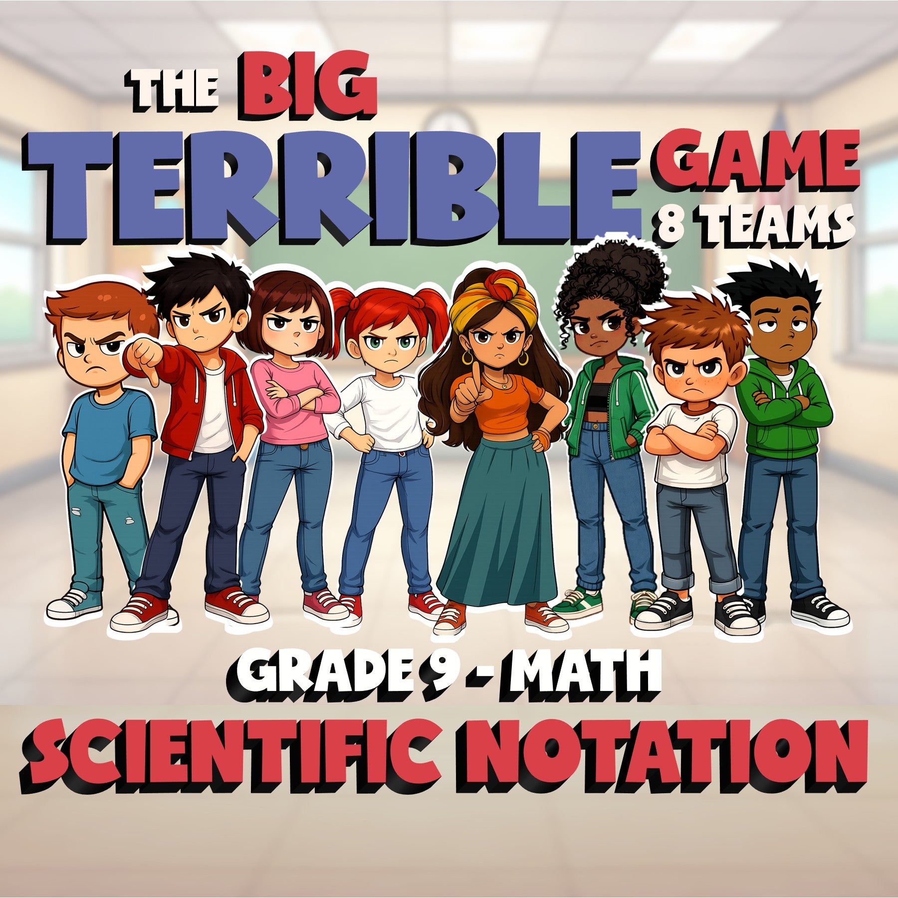 Scientific Notation BIG TERRIBLE GAME - No Prep Grade 9 Math Review Activity