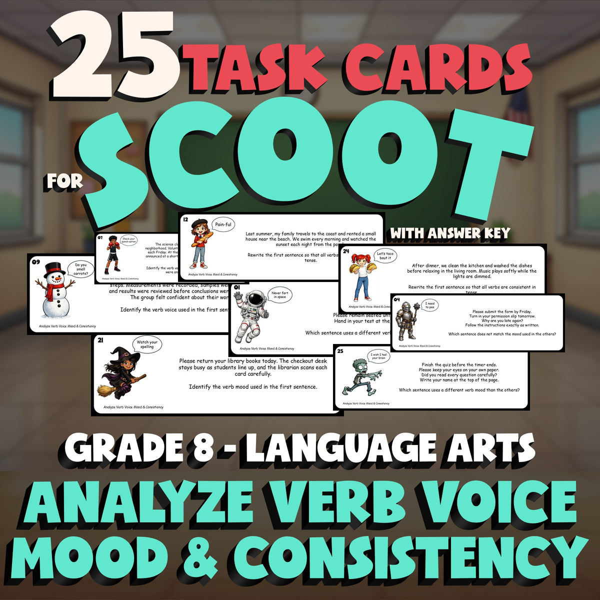 Analyze Verb Voice Mood & Consistency SCOOT TASK CARDS ELA Game - Grade 8