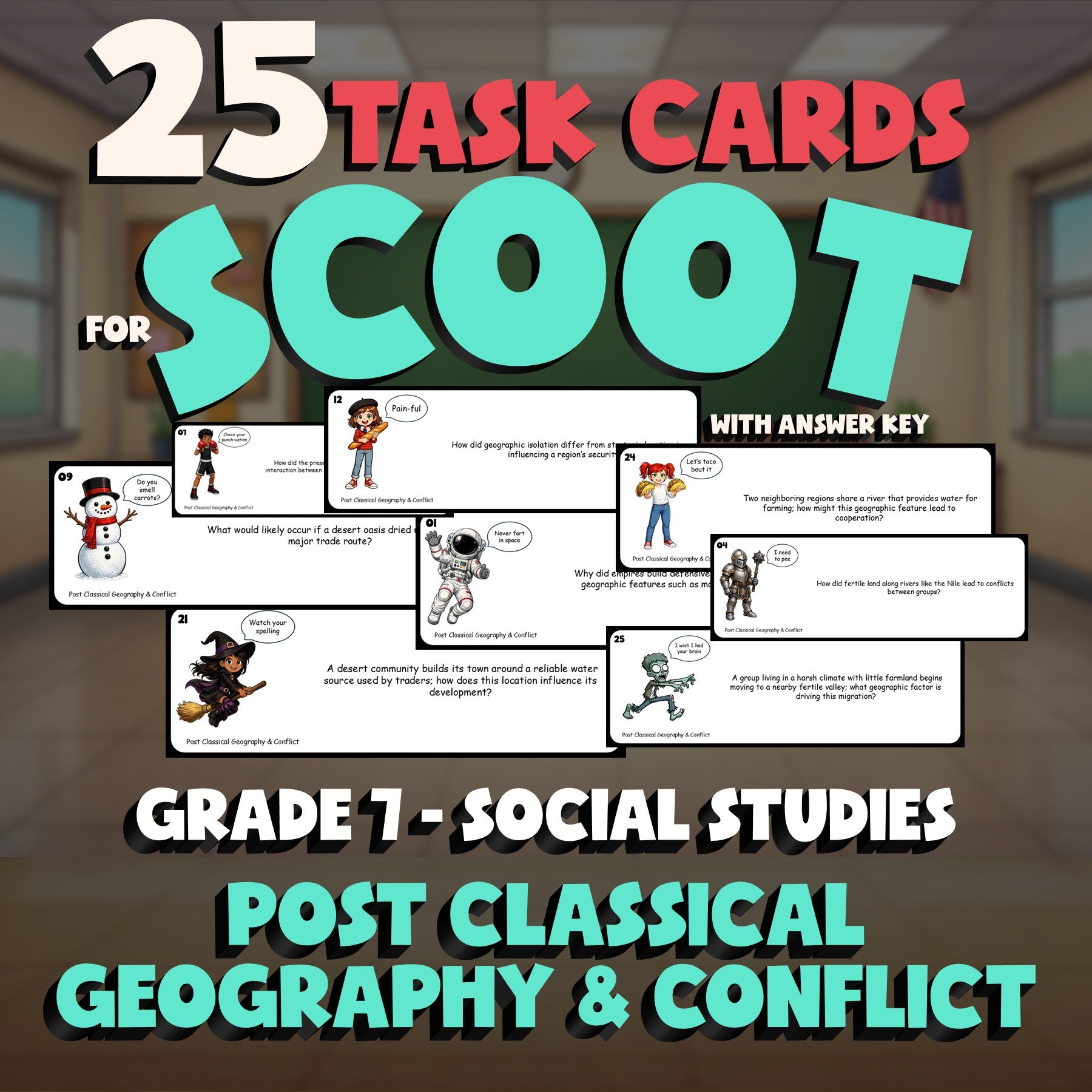 Post Classical Geography & Conflict SCOOT TASK CARDS Socials Game - Grade 7