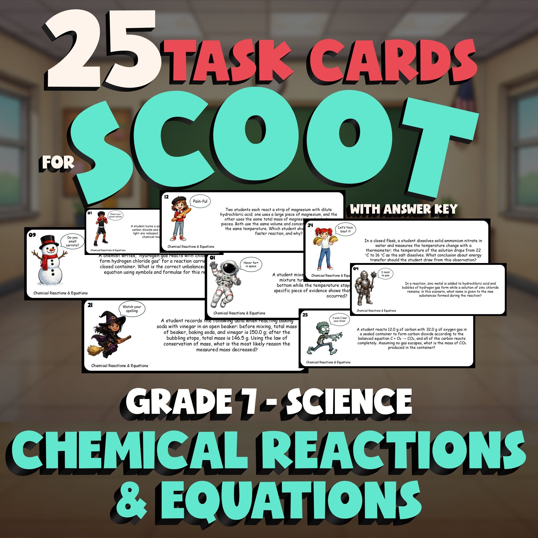 Chemical Reactions & Equations SCOOT TASK CARDS Science Game - No Prep Grade 7
