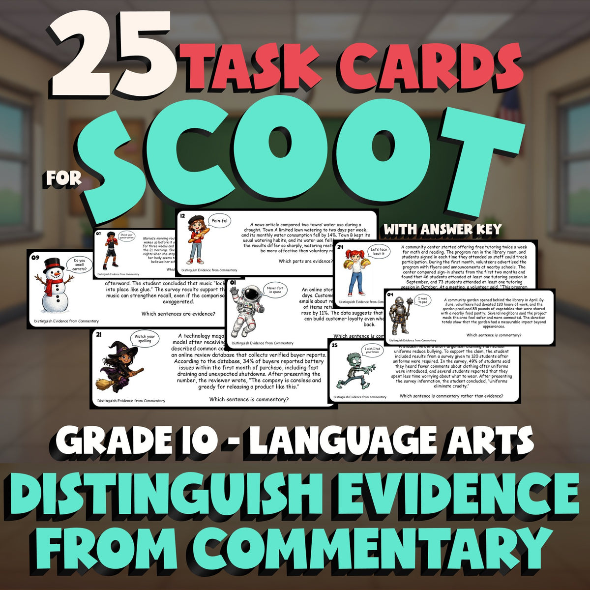 Distinguish Evidence from Commentary SCOOT TASK CARDS ELA Game - Grade 10